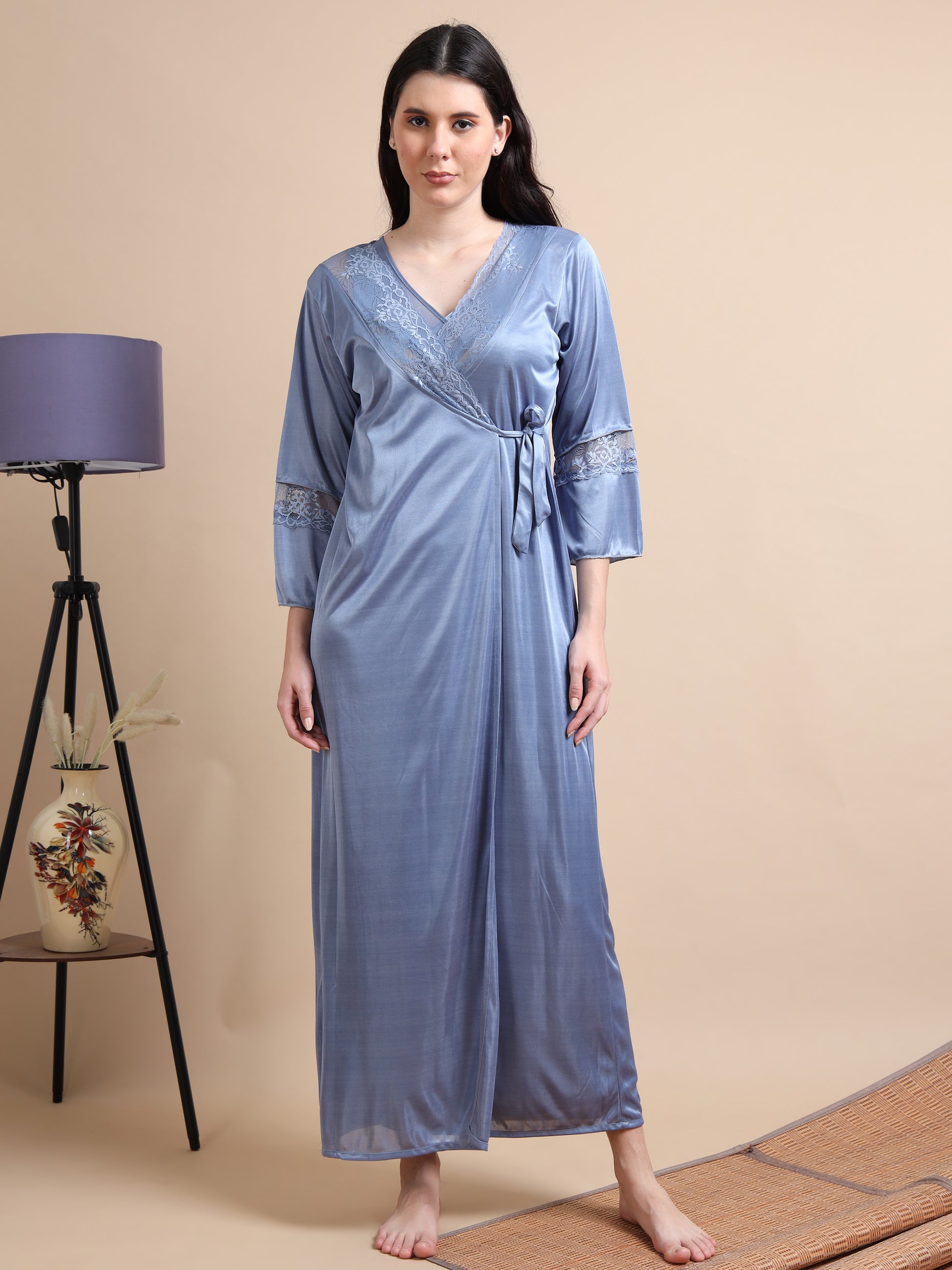  Grey Satin Long 2 Pc Nighty for Women