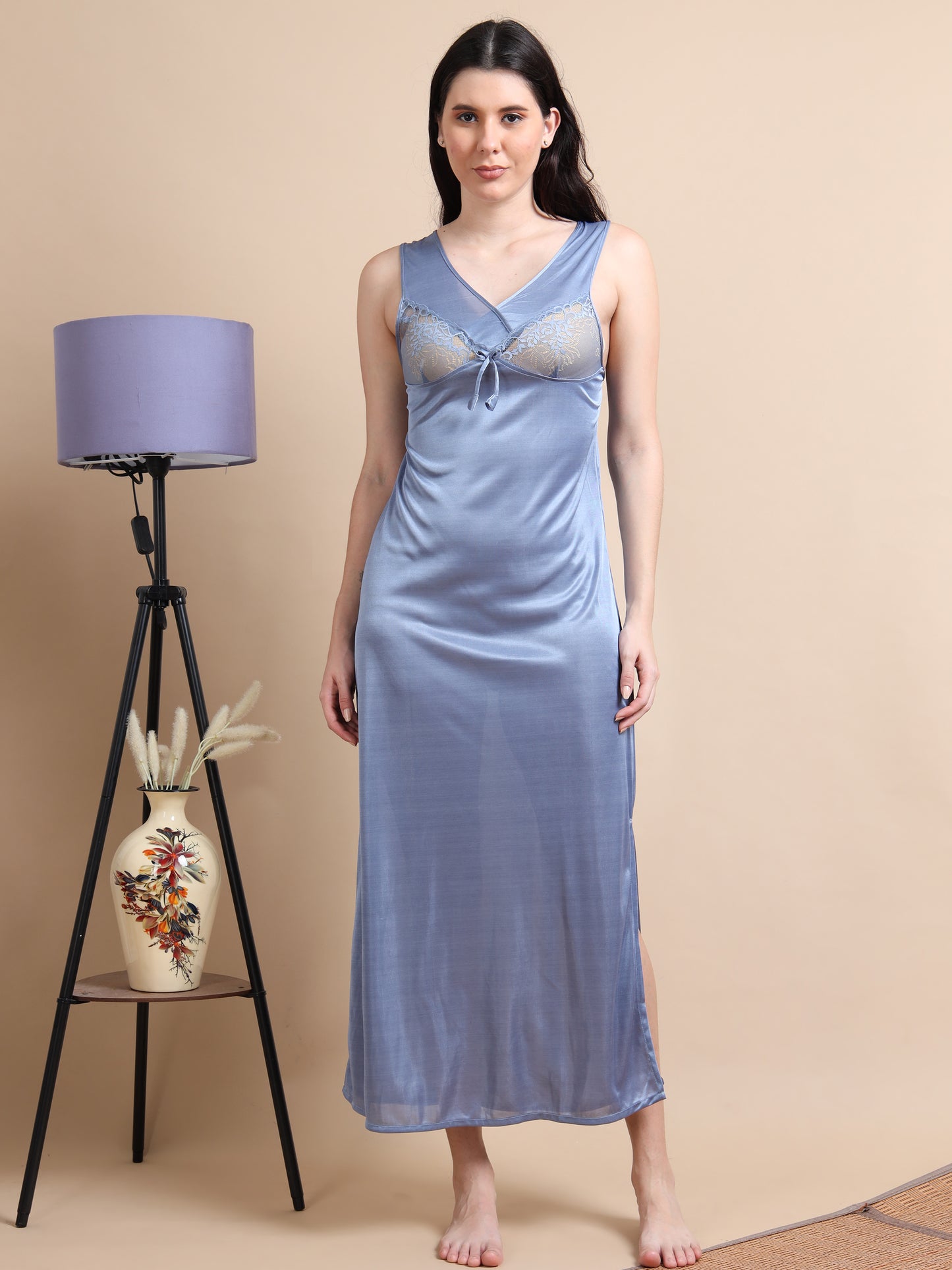  Grey Satin Long 2 Pc Nighty for Women