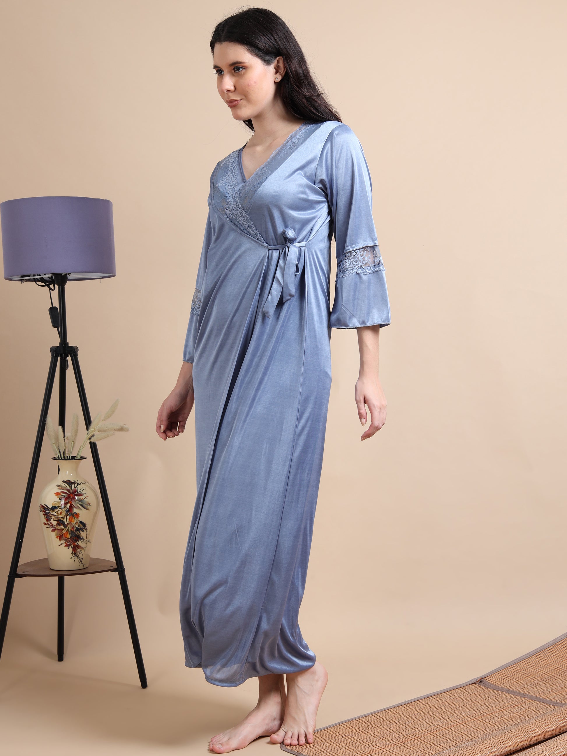  Grey Satin Long 2 Pc Nighty for Women