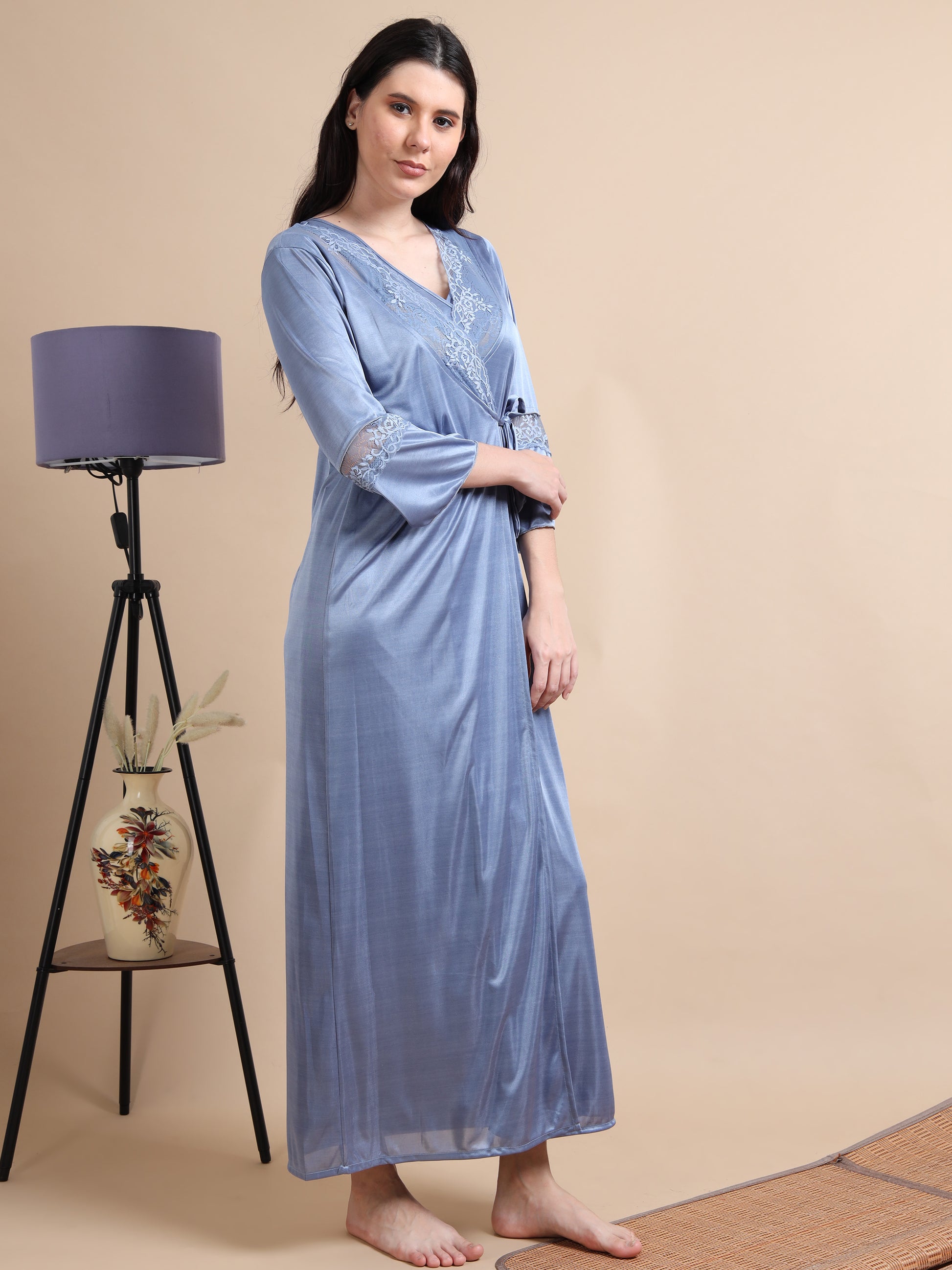  Grey Satin Long 2 Pc Nighty for Women