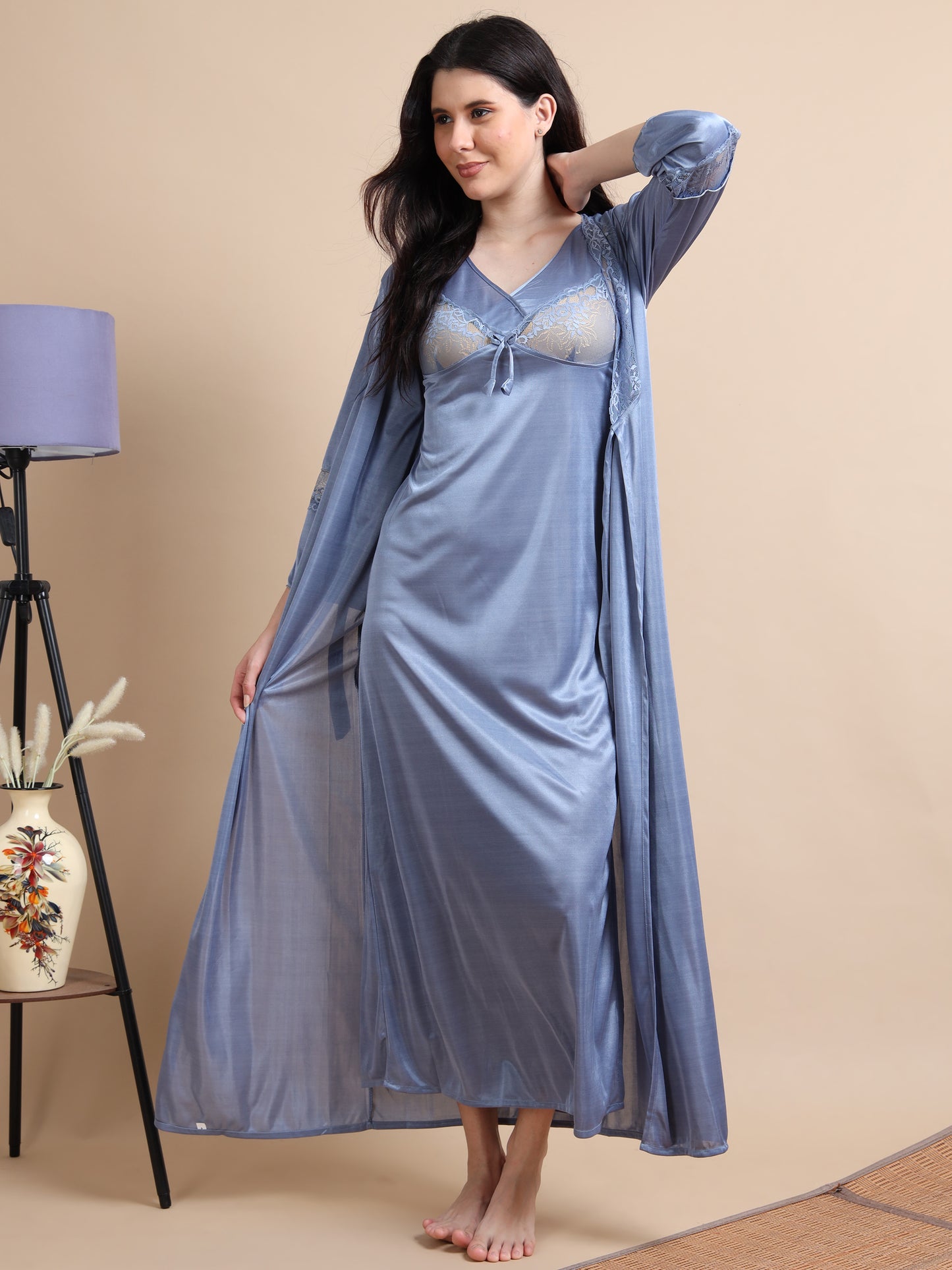  Grey Satin Long 2 Pc Nighty for Women