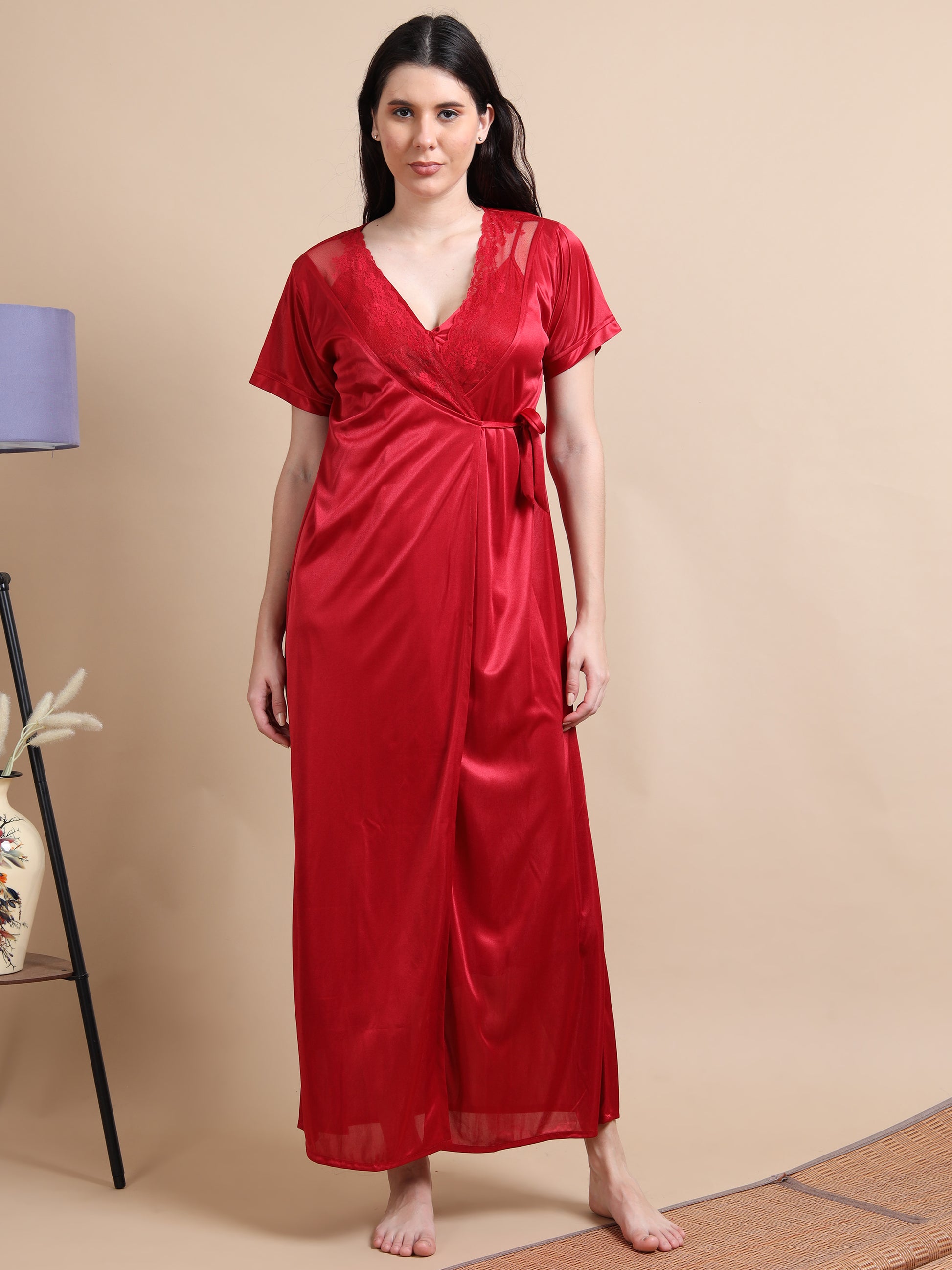 Satin Long 2 Pc Wine Nighty for Women