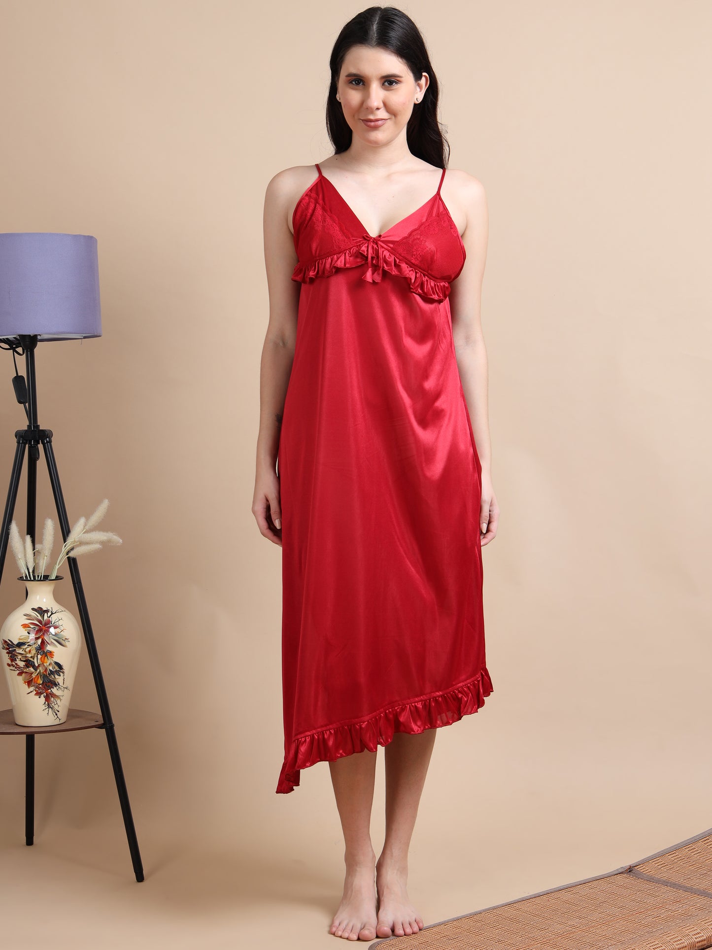 Satin Long 2 Pc Wine Nighty for Women