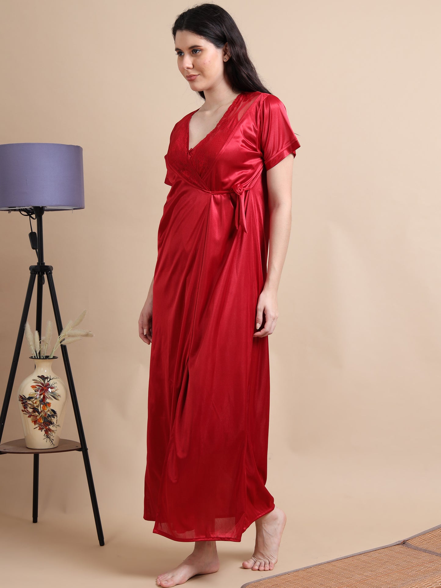 Satin Long 2 Pc Wine Nighty for Women