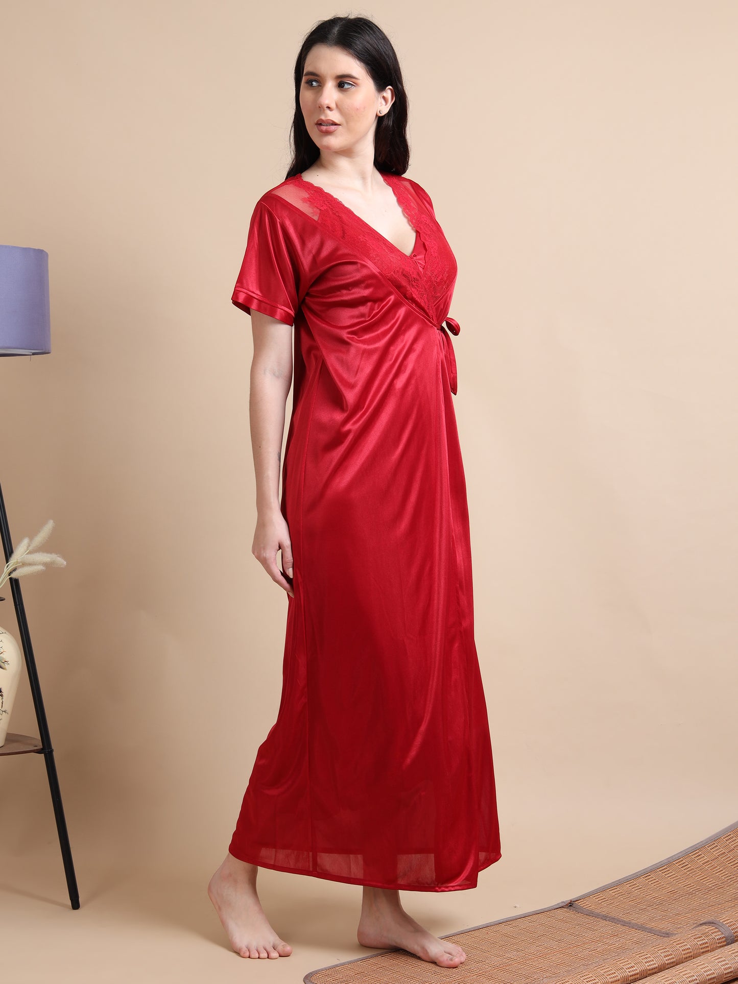 Satin Long 2 Pc Wine Nighty for Women