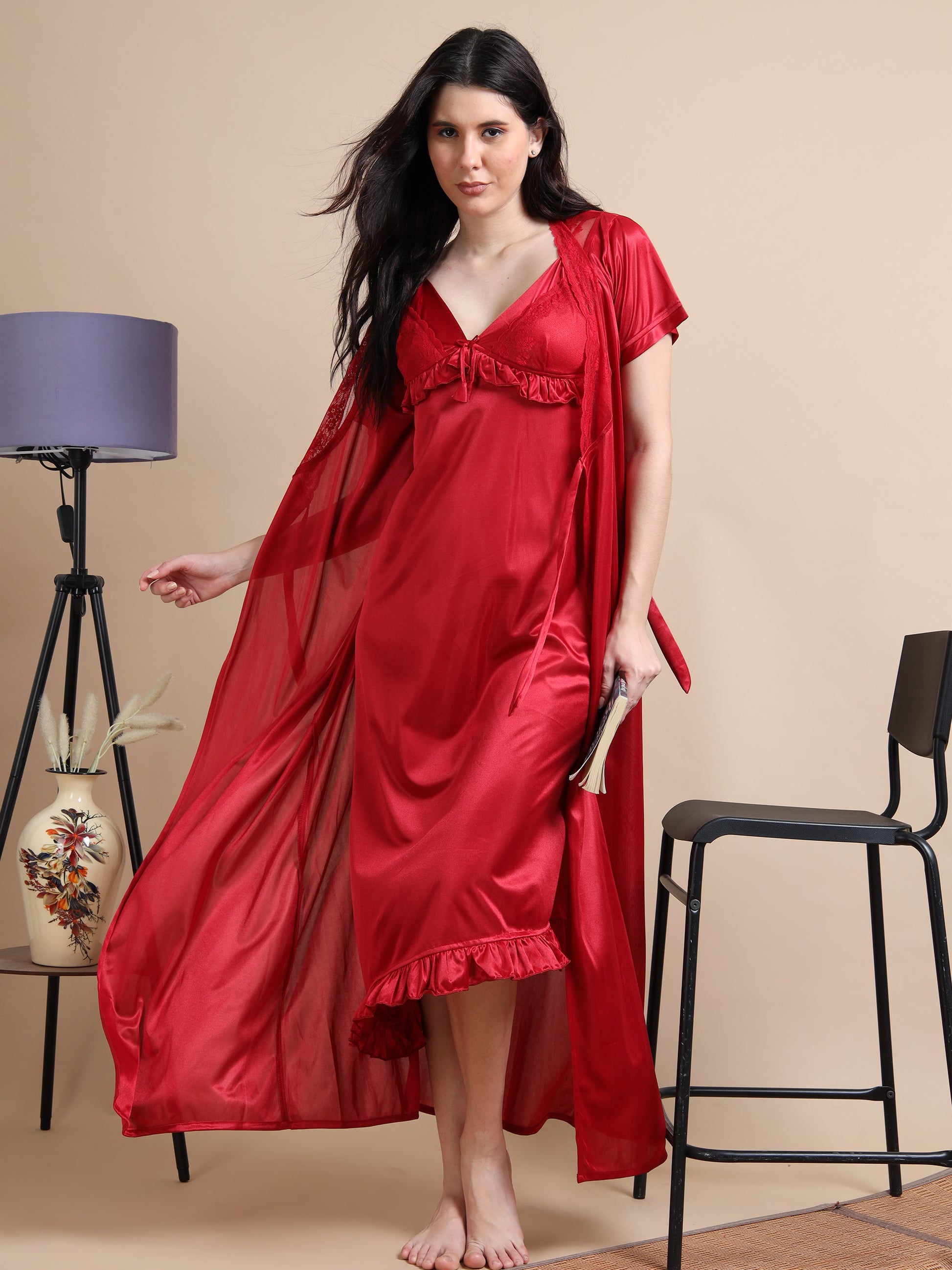 Satin Long 2 Pc Wine Nighty for Women