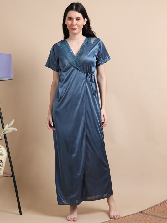  Mid Blue 2 Piece Satin Nighty for Women