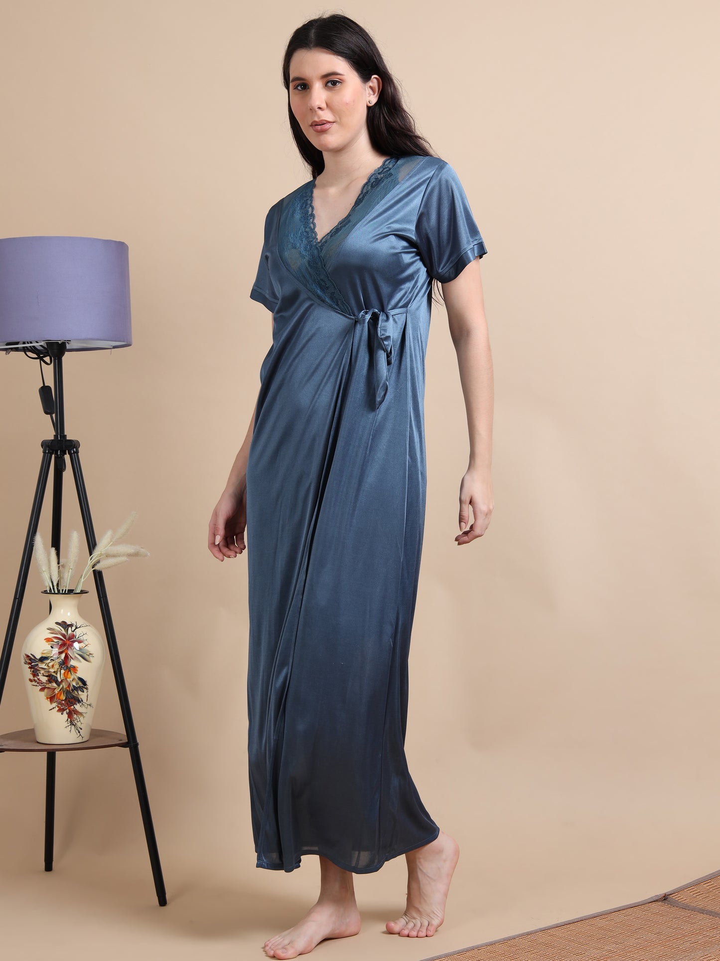  Mid Blue 2 Piece Satin Nighty for Women