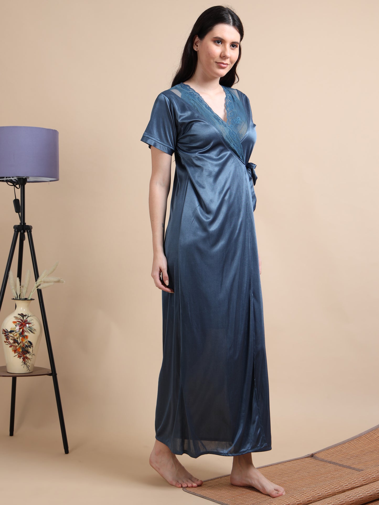  Mid Blue 2 Piece Satin Nighty for Women