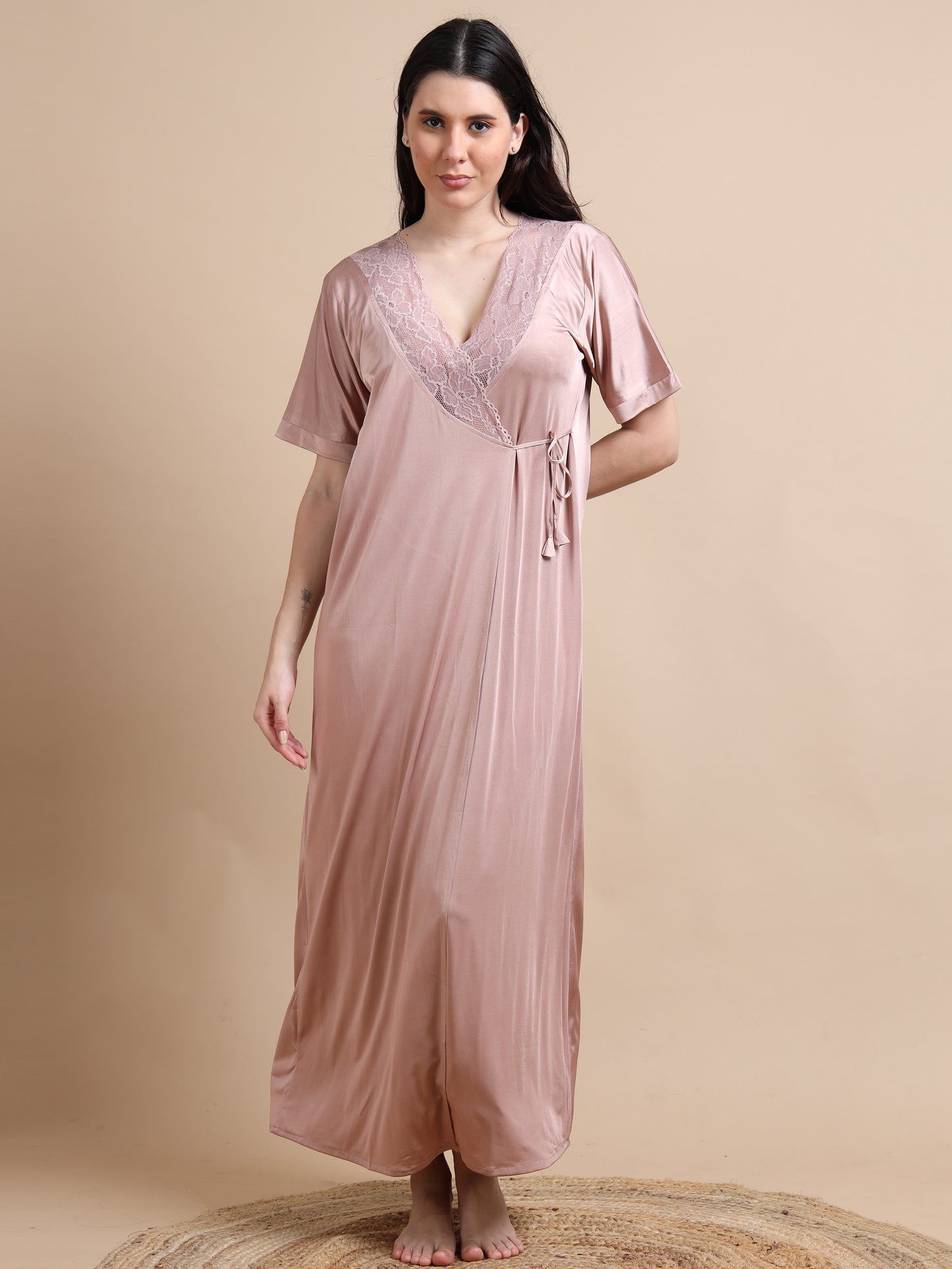  Skin Colour 2pc Satin Long Nighty for Women