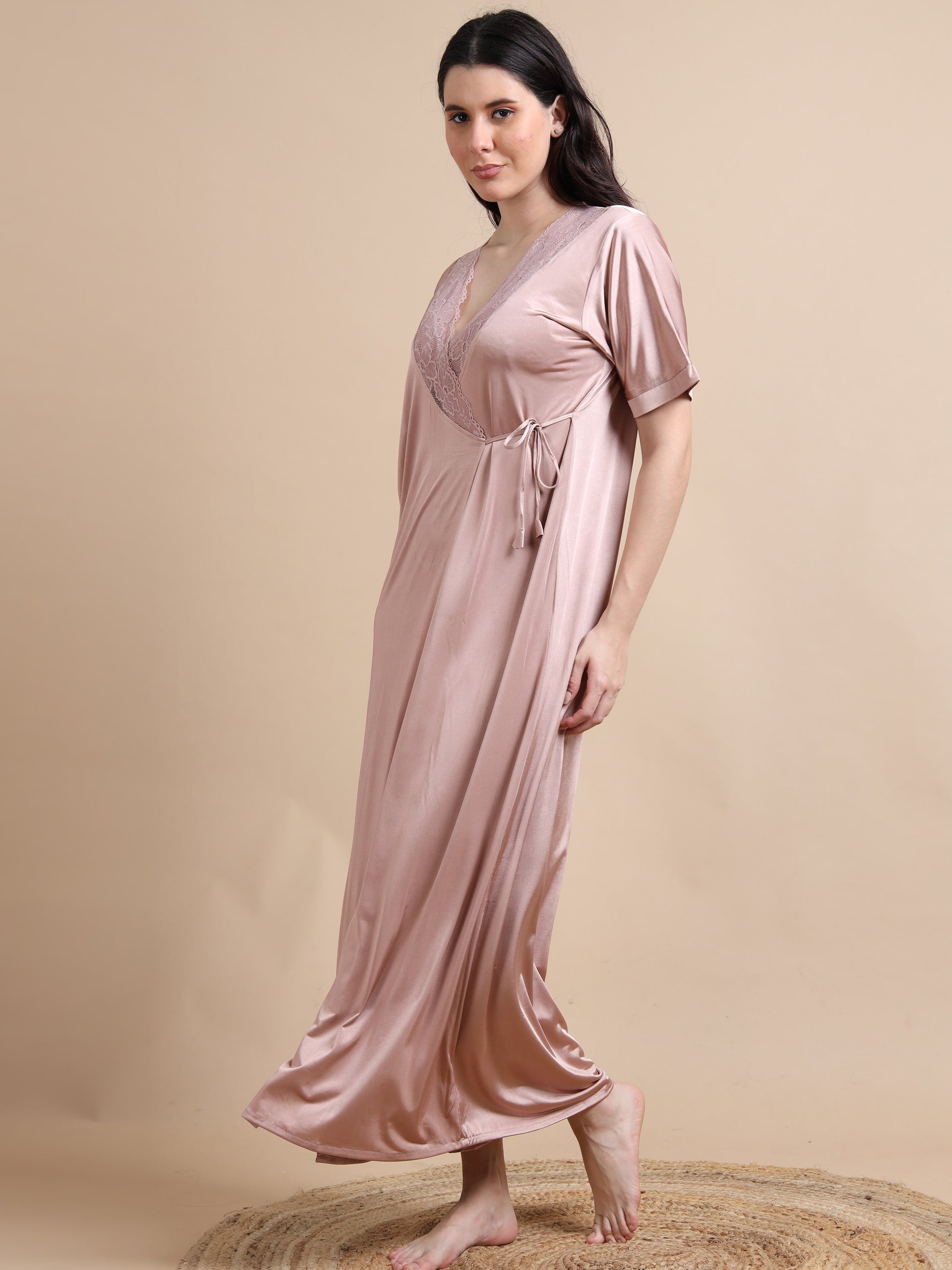  Skin Colour 2pc Satin Long Nighty for Women