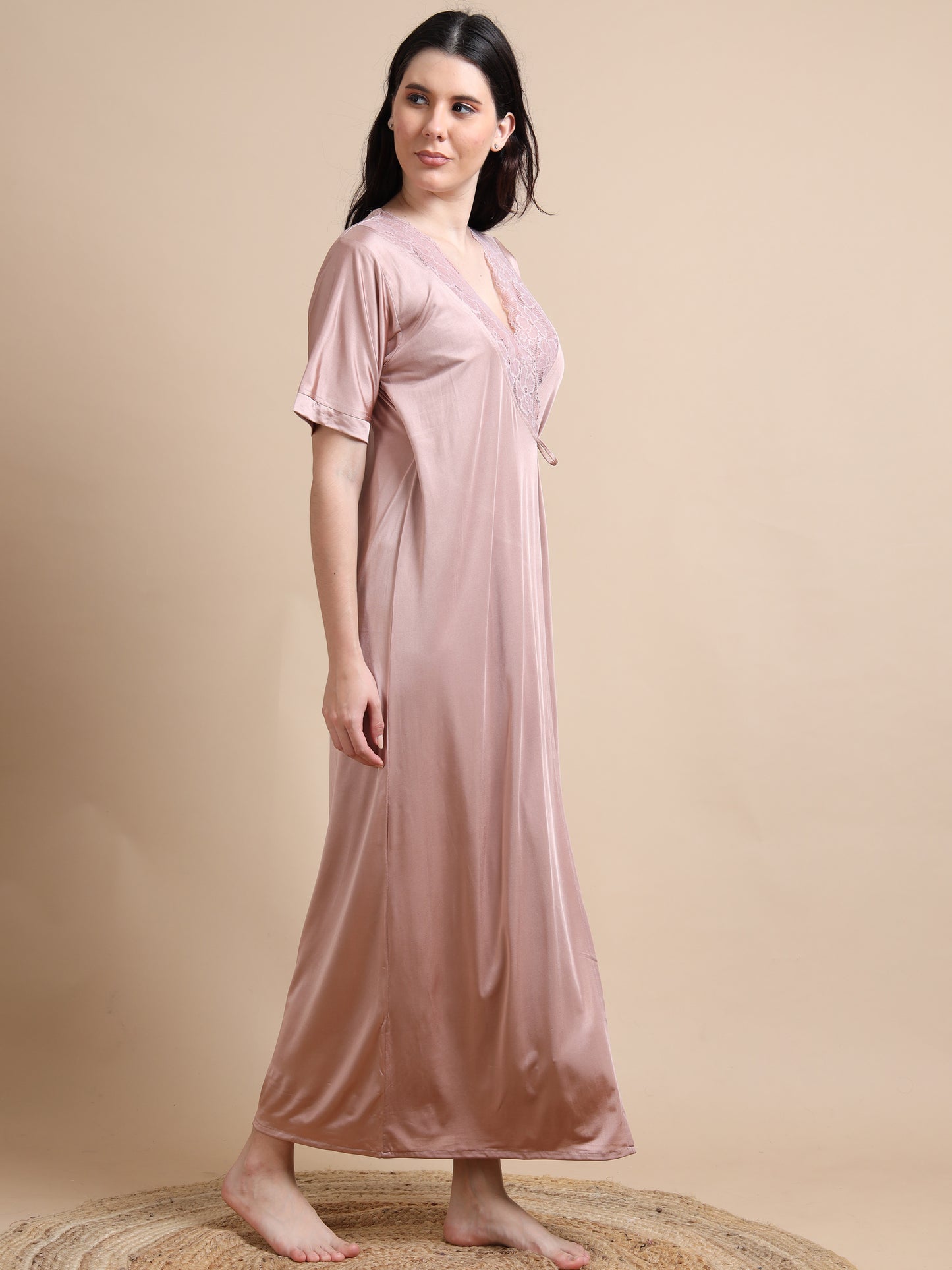  Skin Colour 2pc Satin Long Nighty for Women