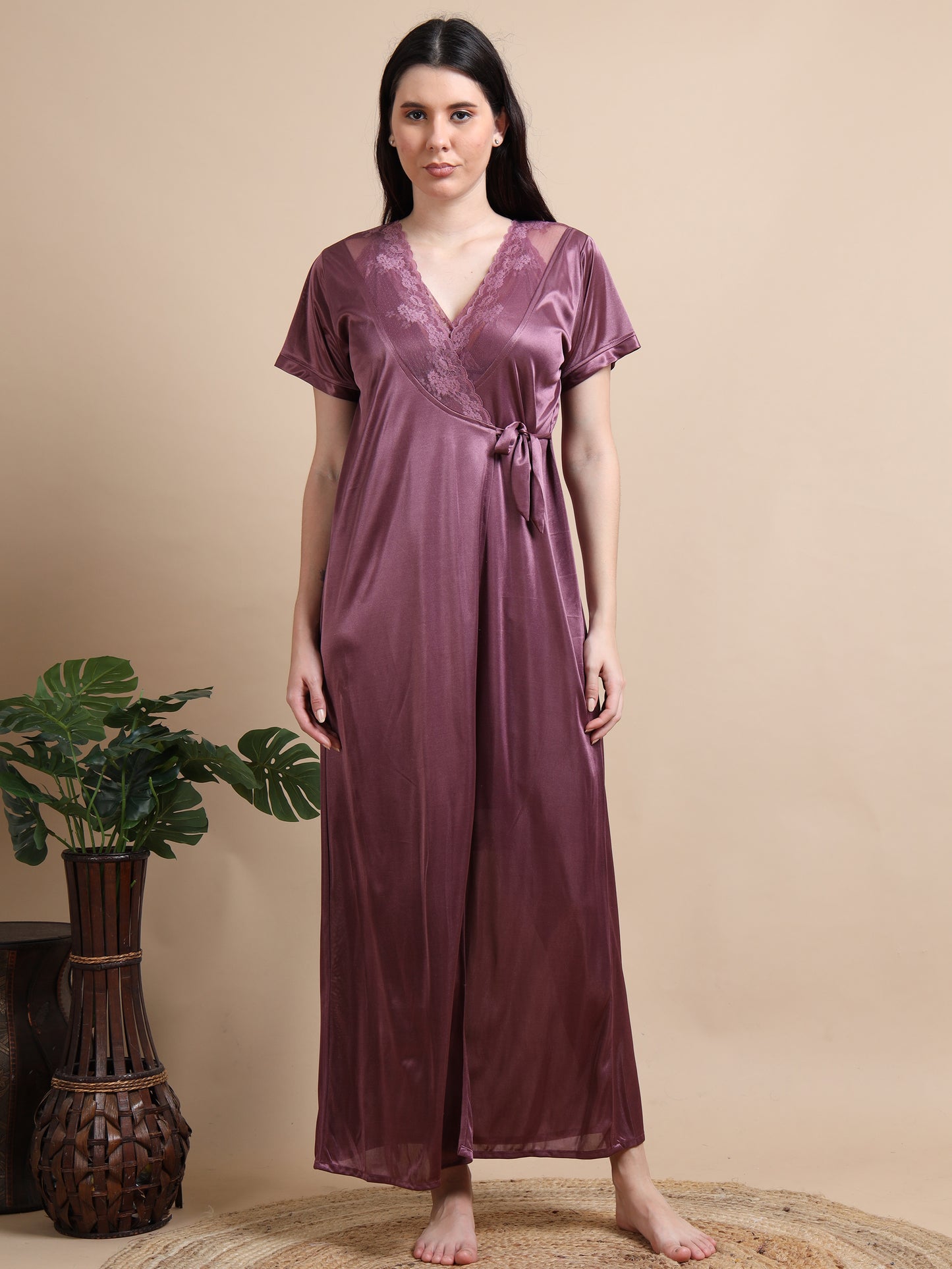 Purple Satin Two Piece Night Dress for Ladies 