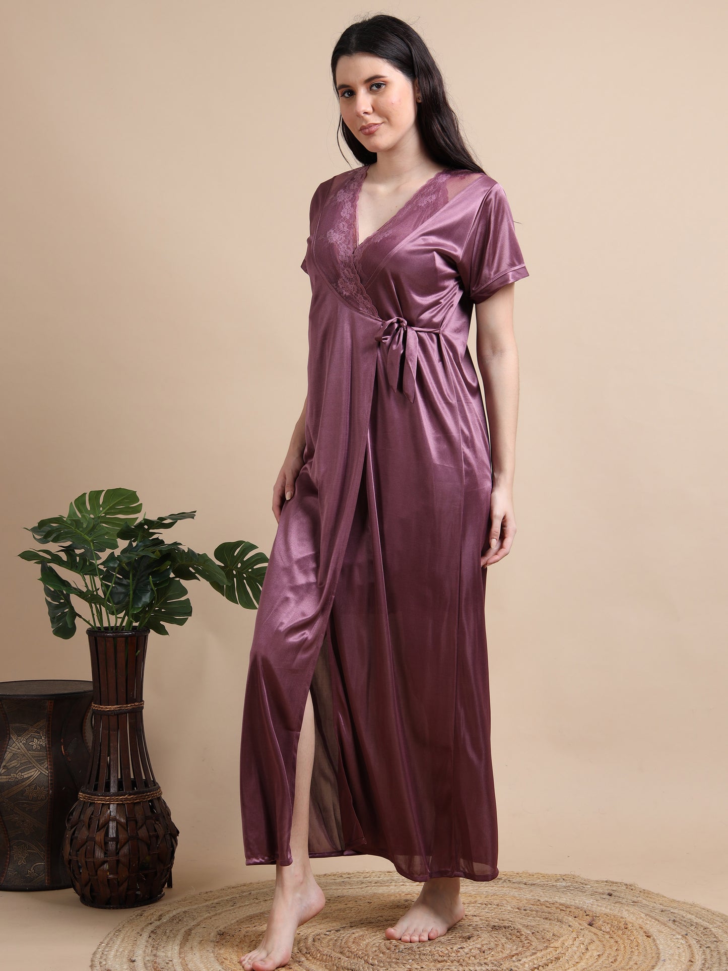 Purple Satin Two Piece Night Dress for Ladies 