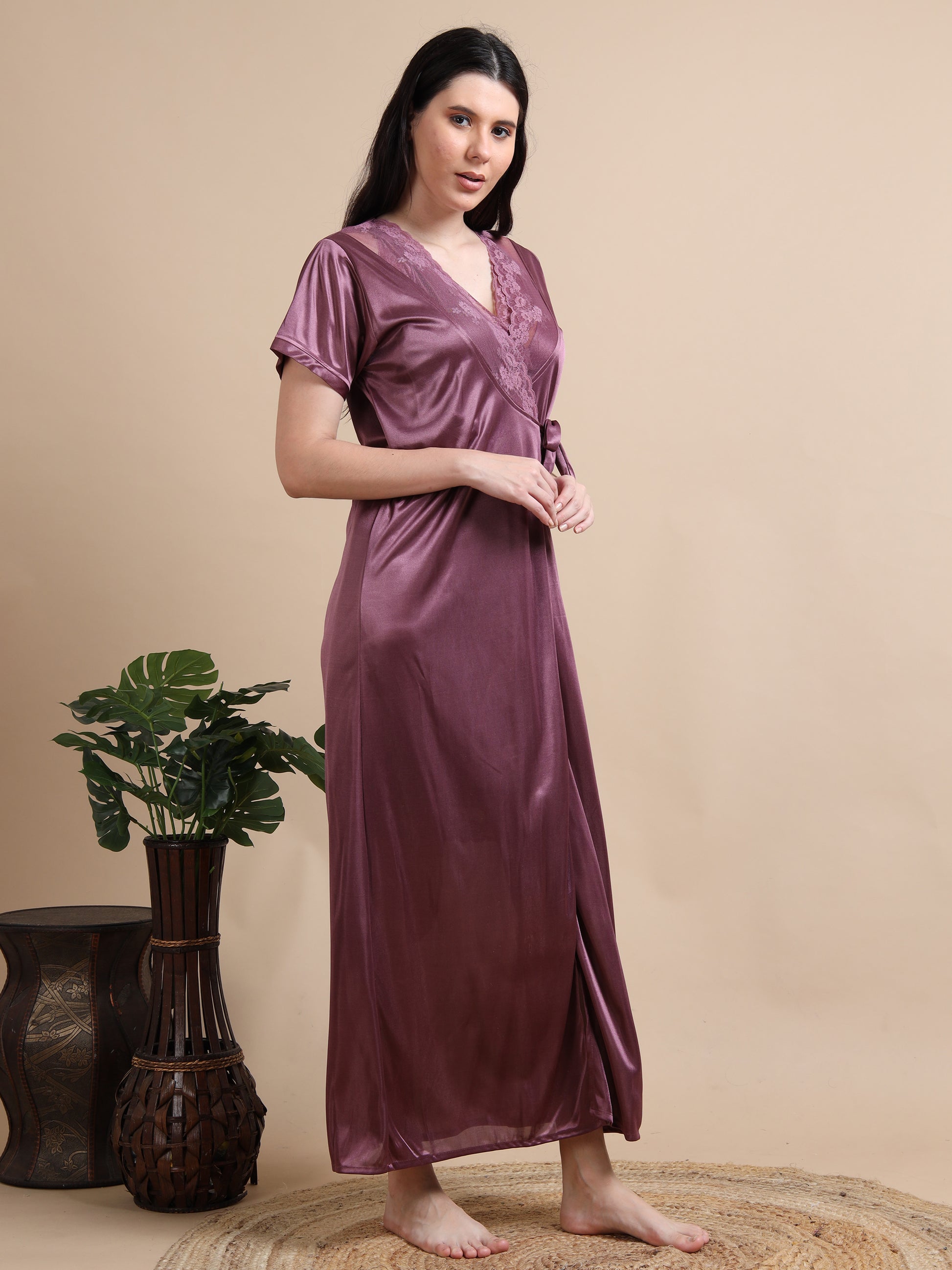 Purple Satin Two Piece Night Dress for Ladies 