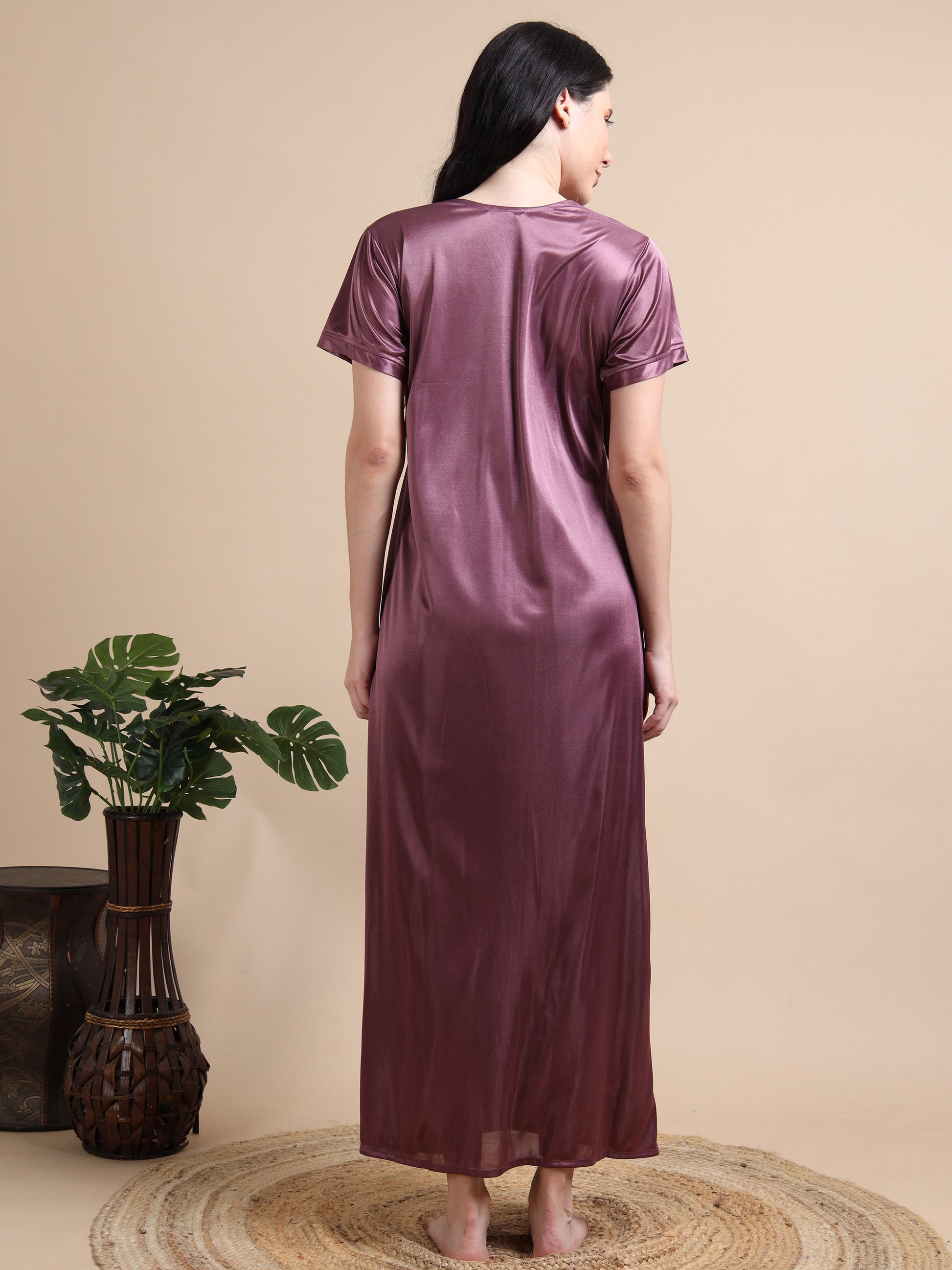 Purple Satin Two Piece Night Dress for Ladies 