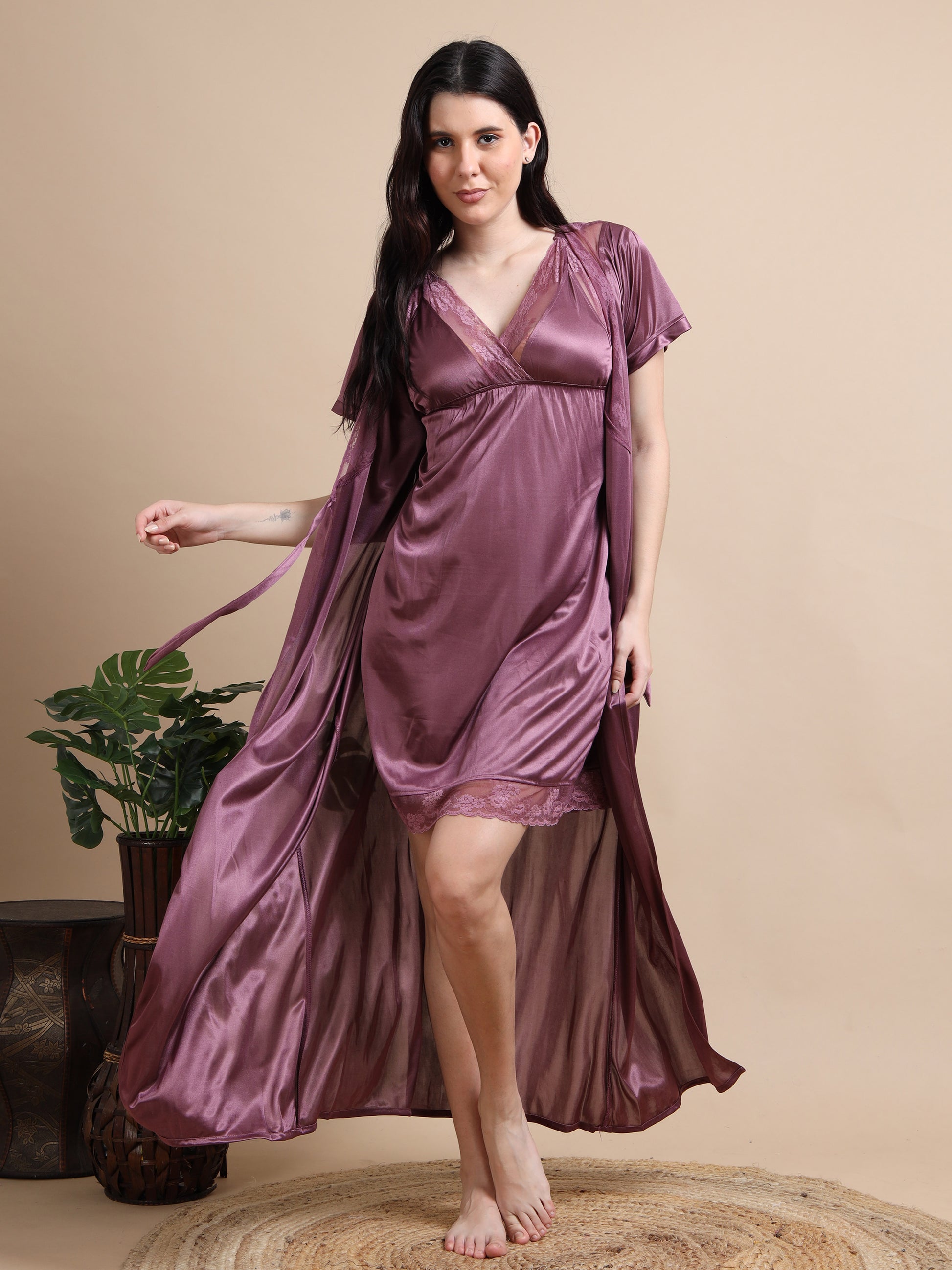 Purple Satin Two Piece Night Dress for Ladies 