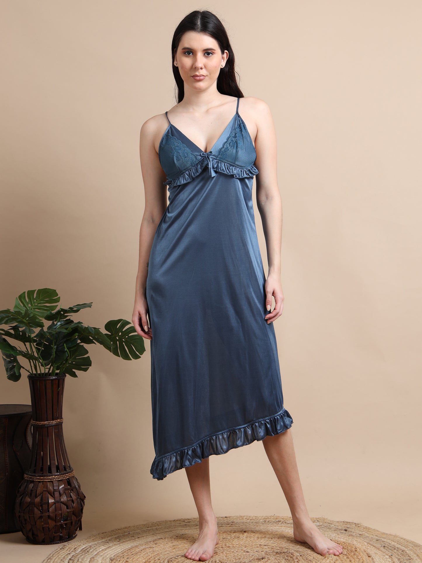 Dark Grey Satin Two Piece Nighty for Women 