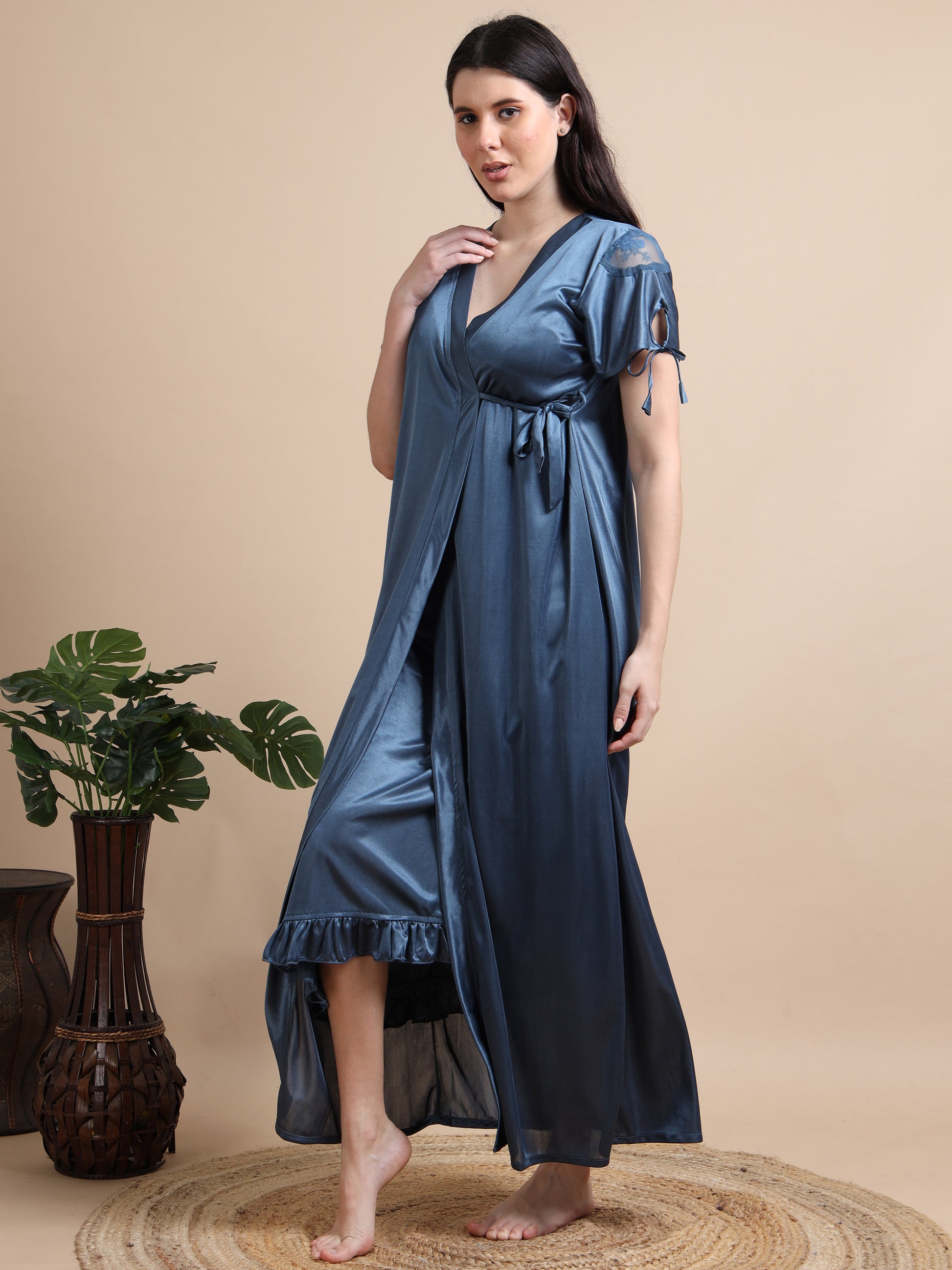 Dark Grey Satin Two Piece Nighty for Women 