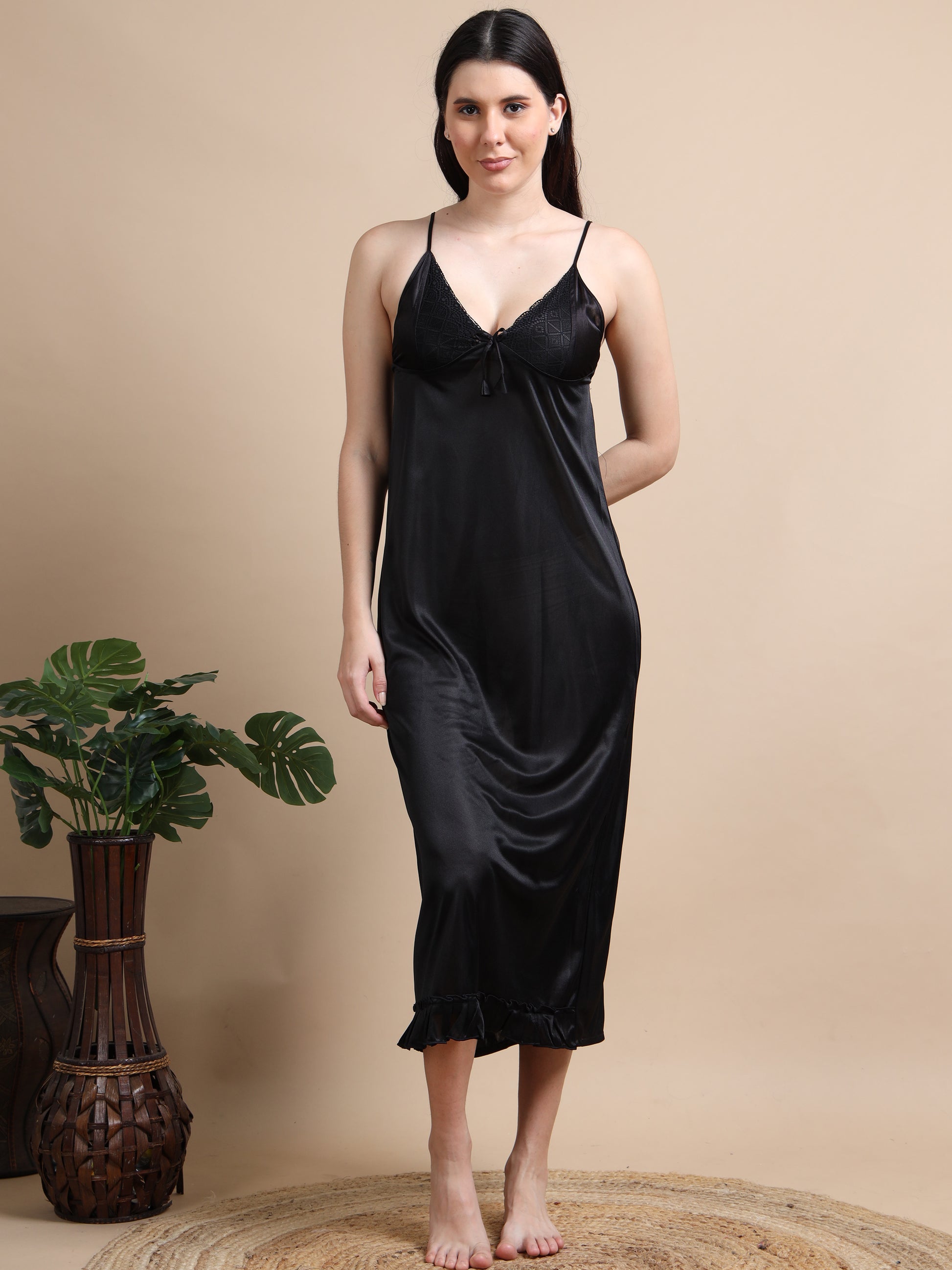  Smooth Satin Black 2 Piece Nighty for Women