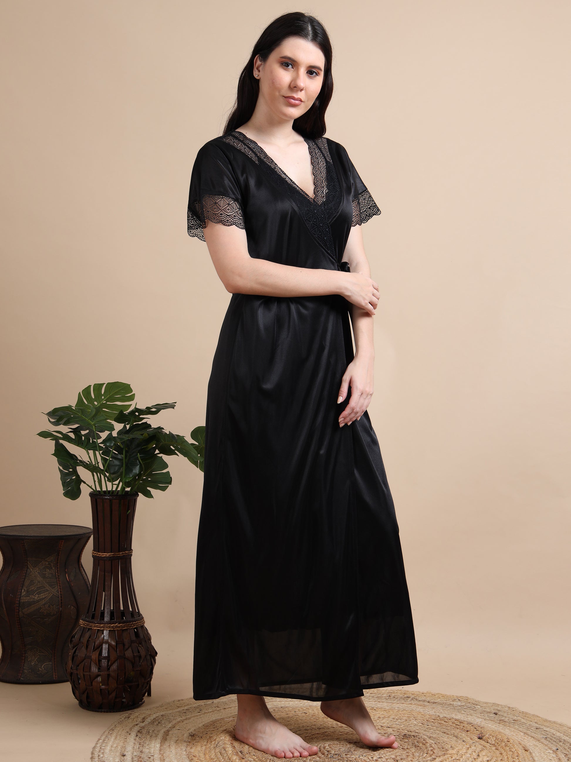  Smooth Satin Black 2 Piece Nighty for Women