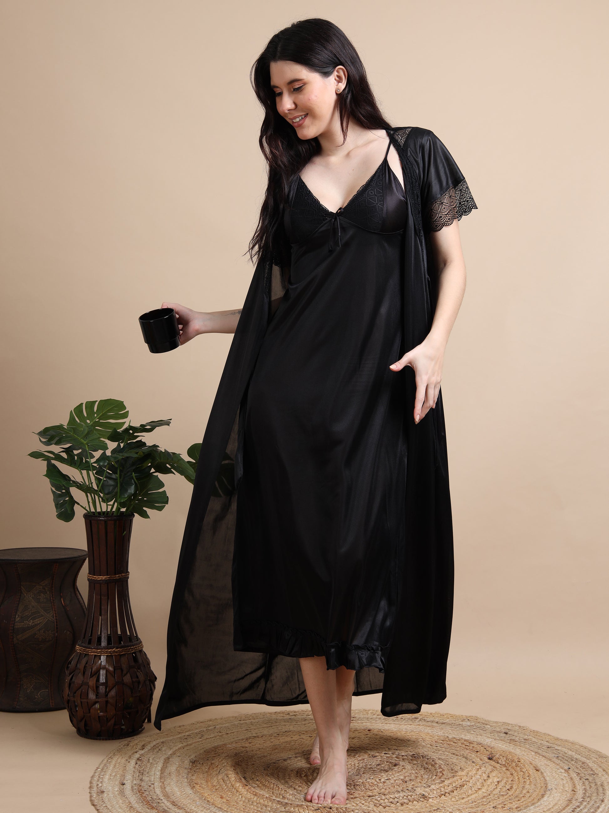  Smooth Satin Black 2 Piece Nighty for Women