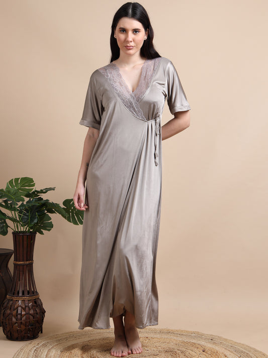  Brown Satin 2 Piece Night Gown for Ladies 