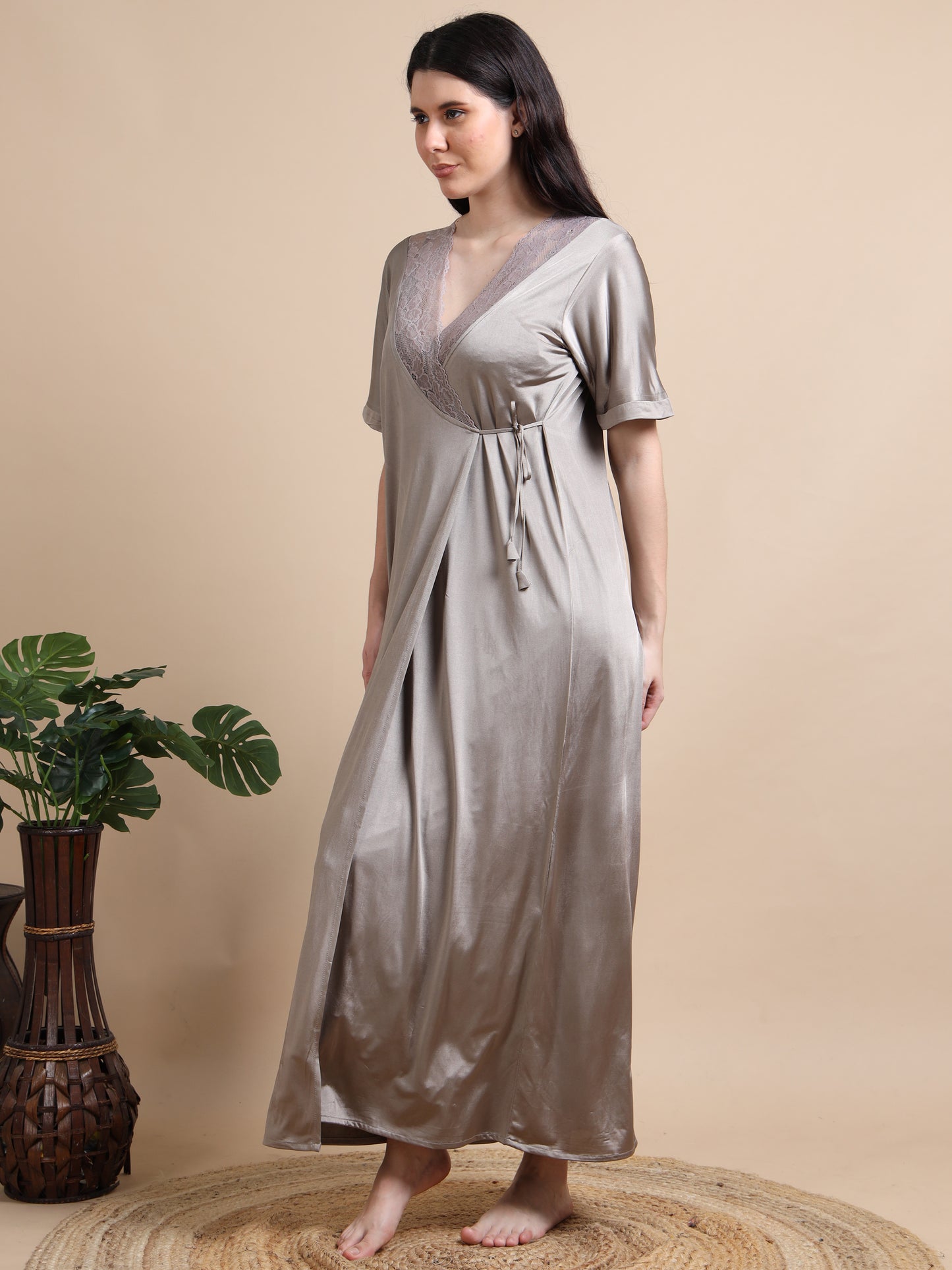  Brown Satin 2 Piece Night Gown for Ladies 