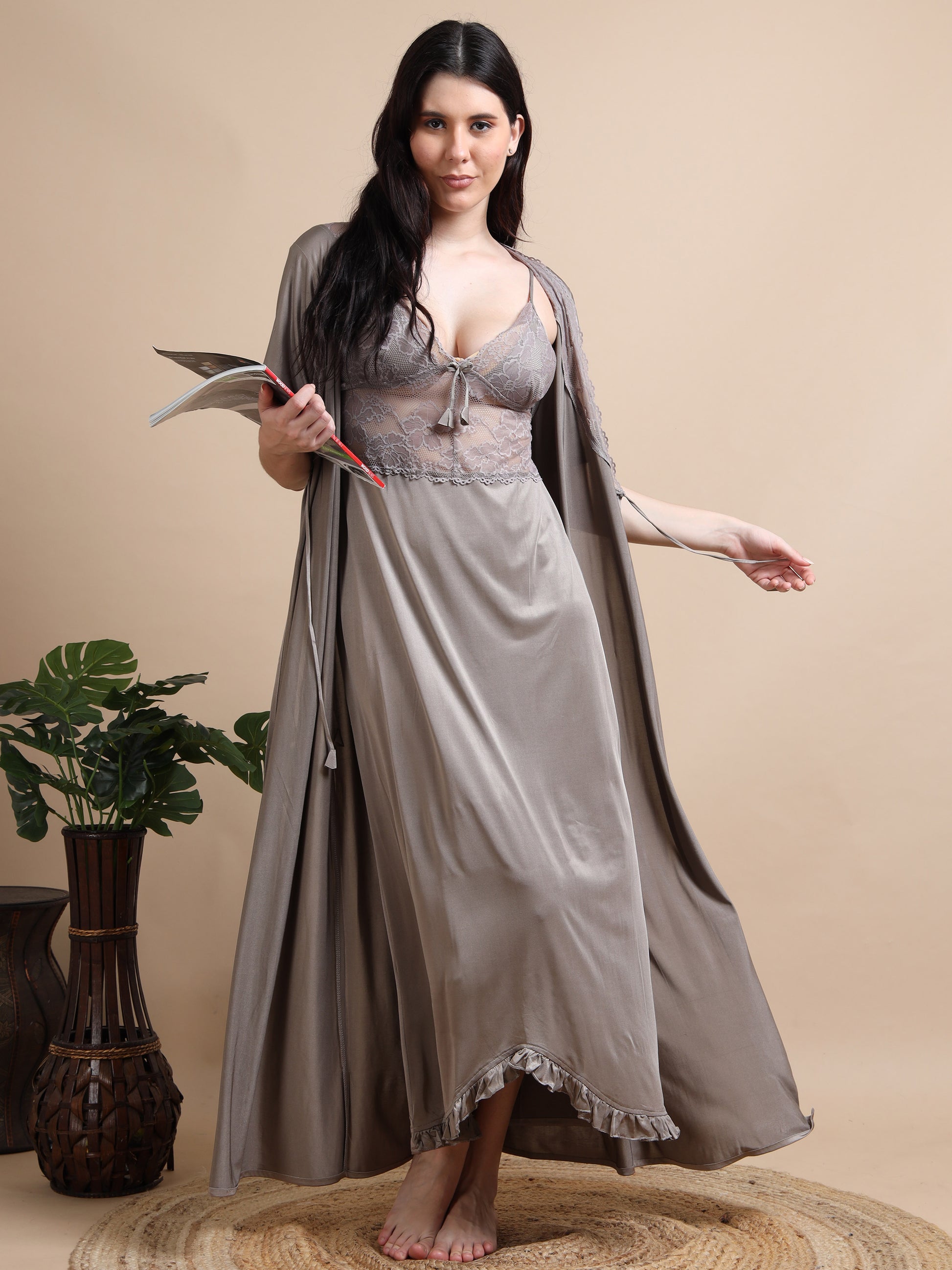  Brown Satin 2 Piece Night Gown for Ladies 