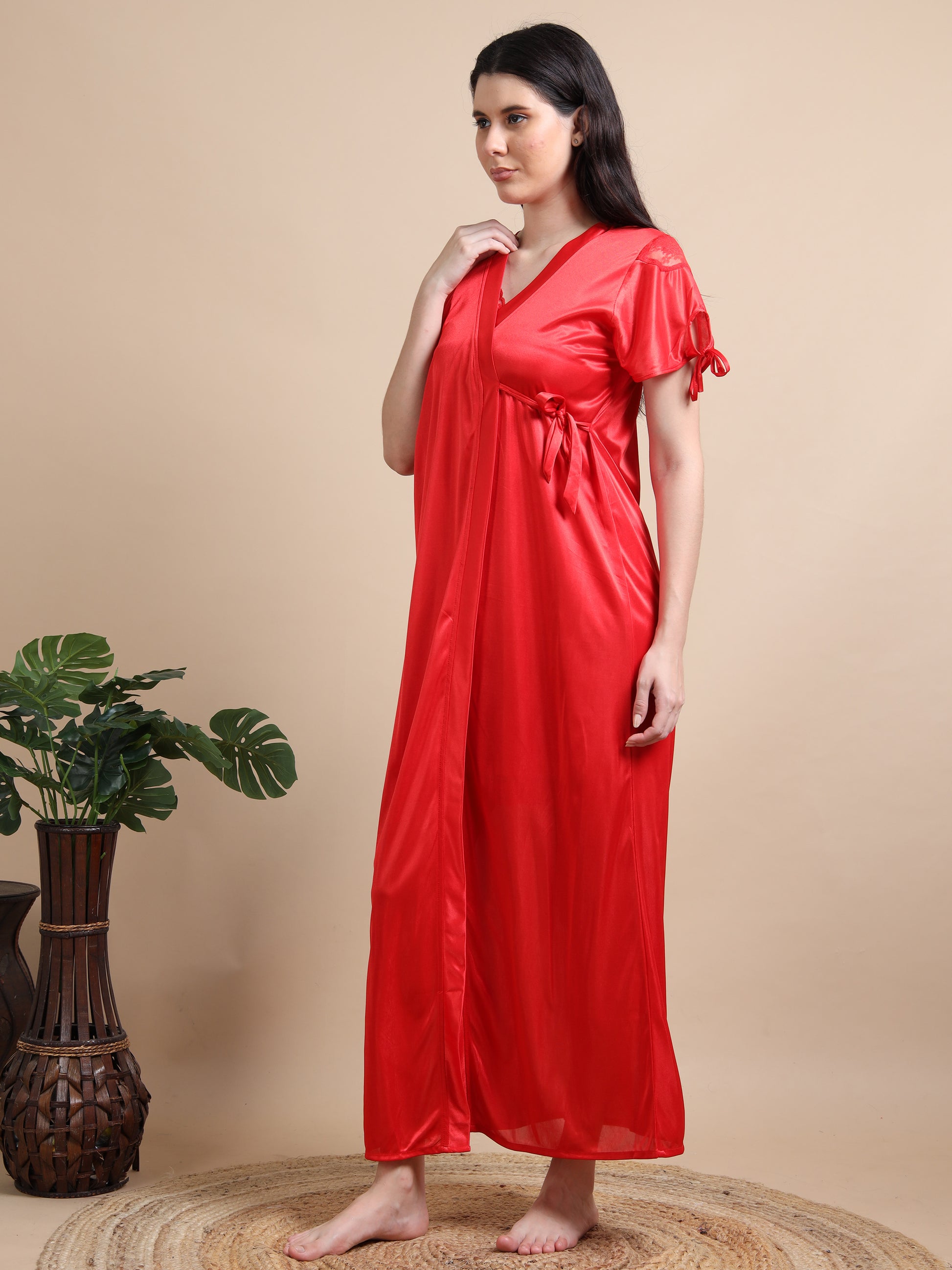  2 Pc Red Satin Nighty for Women 