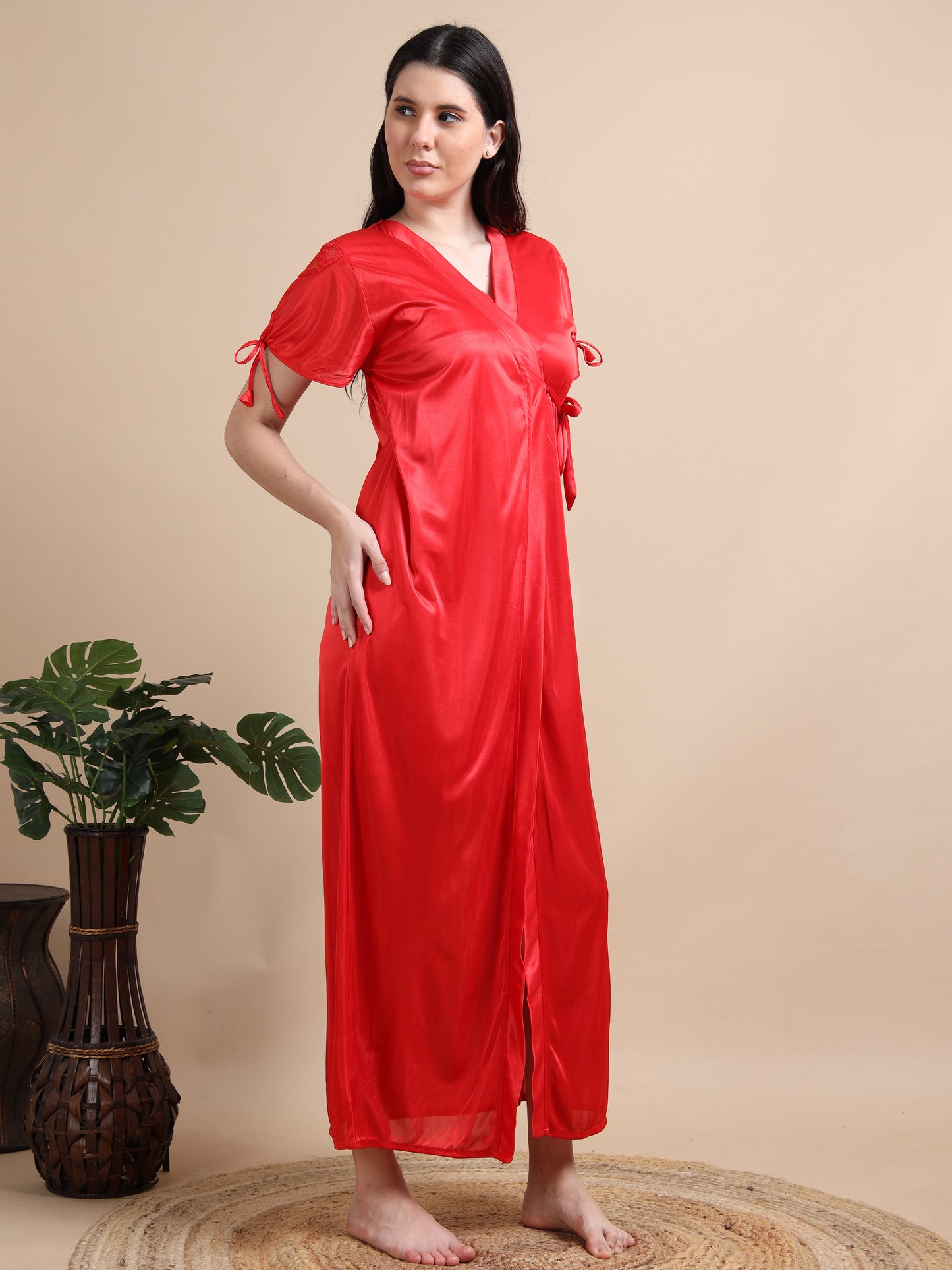  2 Pc Red Satin Nighty for Women 