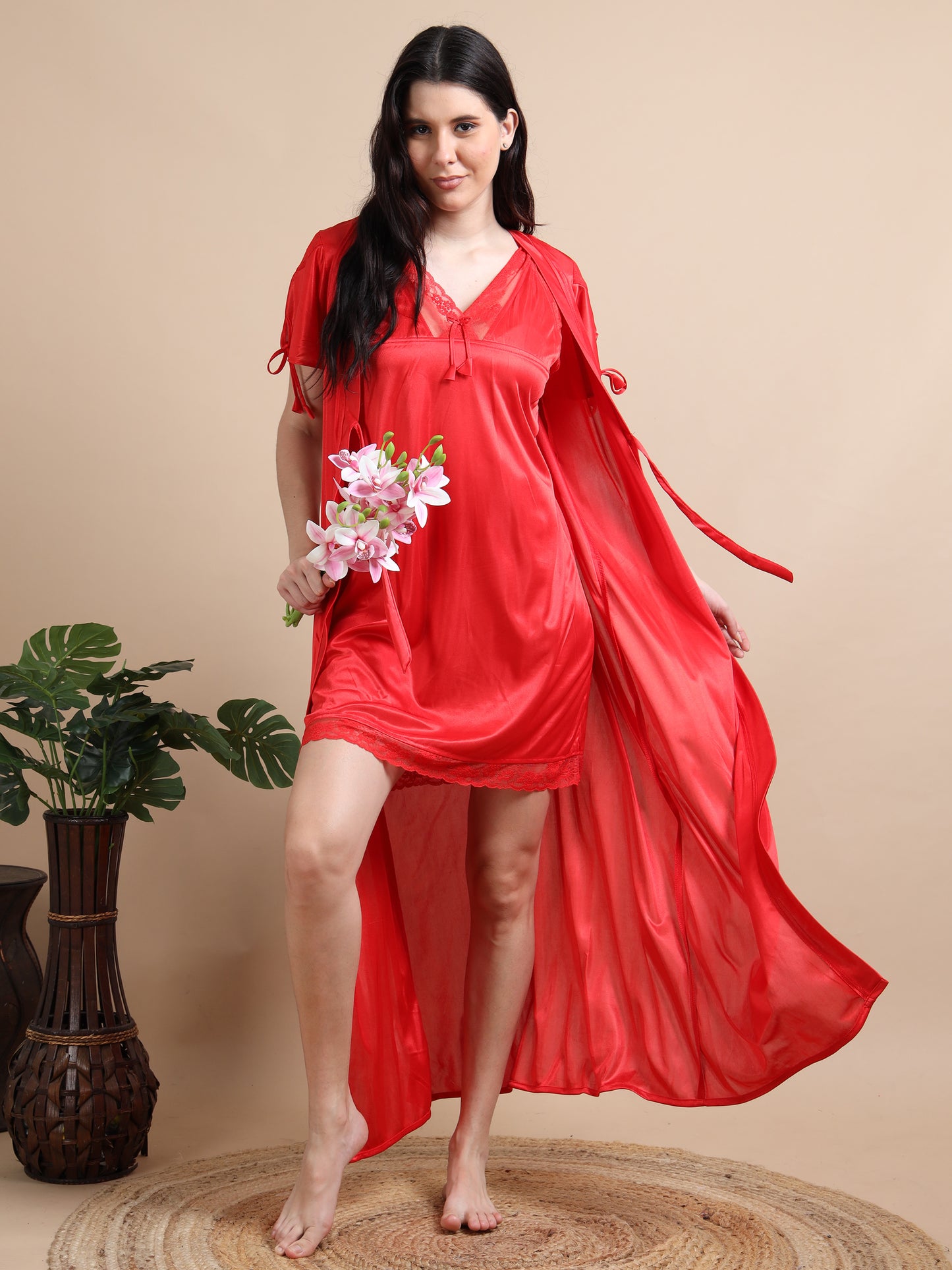  2 Pc Red Satin Nighty for Women 