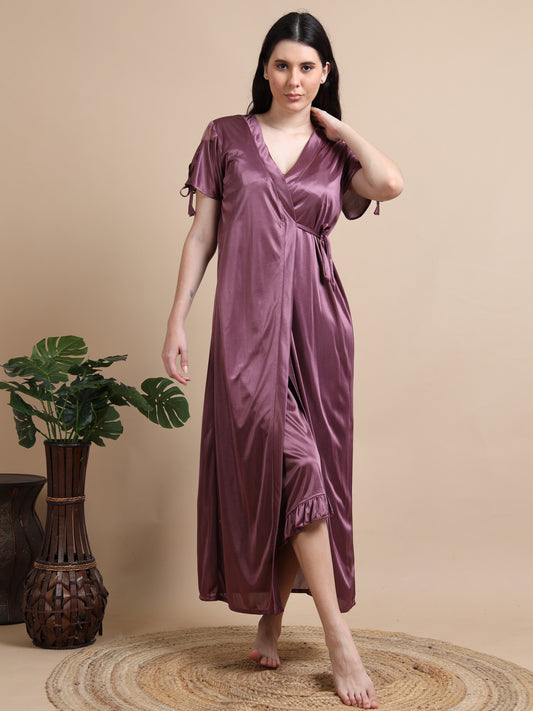 Purple Satin 2 Piece Night Dress for Ladies