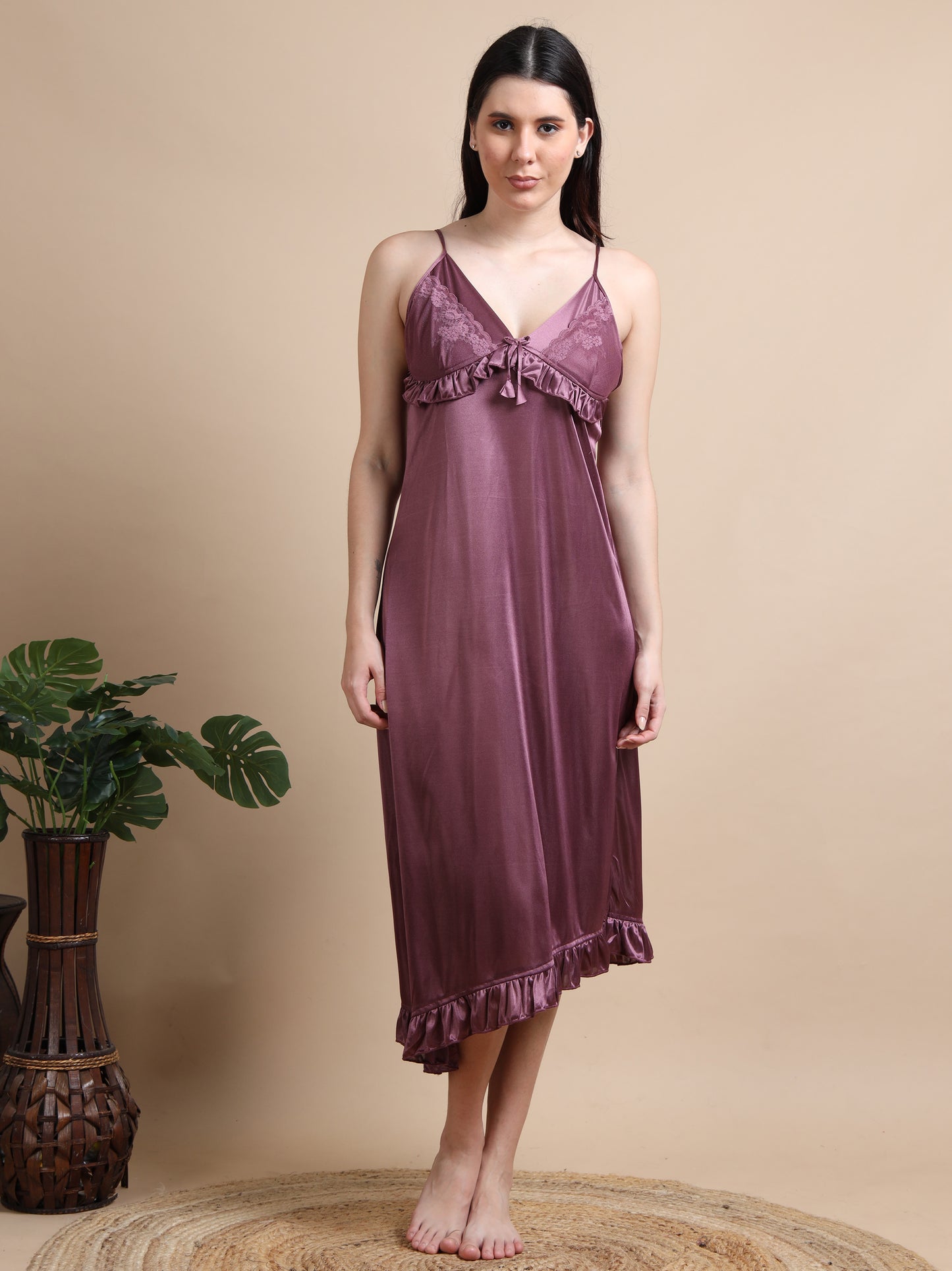 Purple Satin 2 Piece Night Dress for Ladies