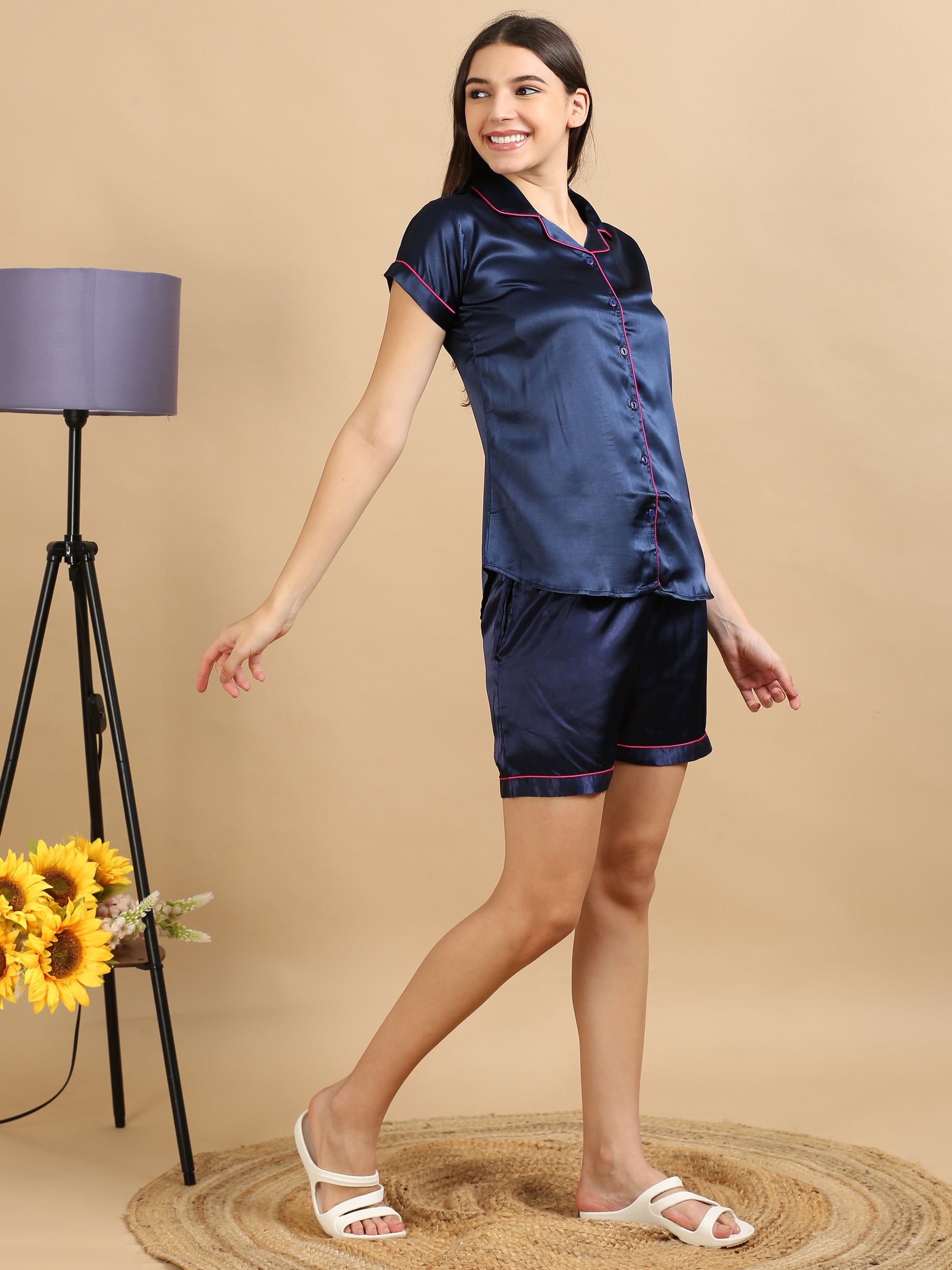 Satin Navy Short Pyjama Set For Women 