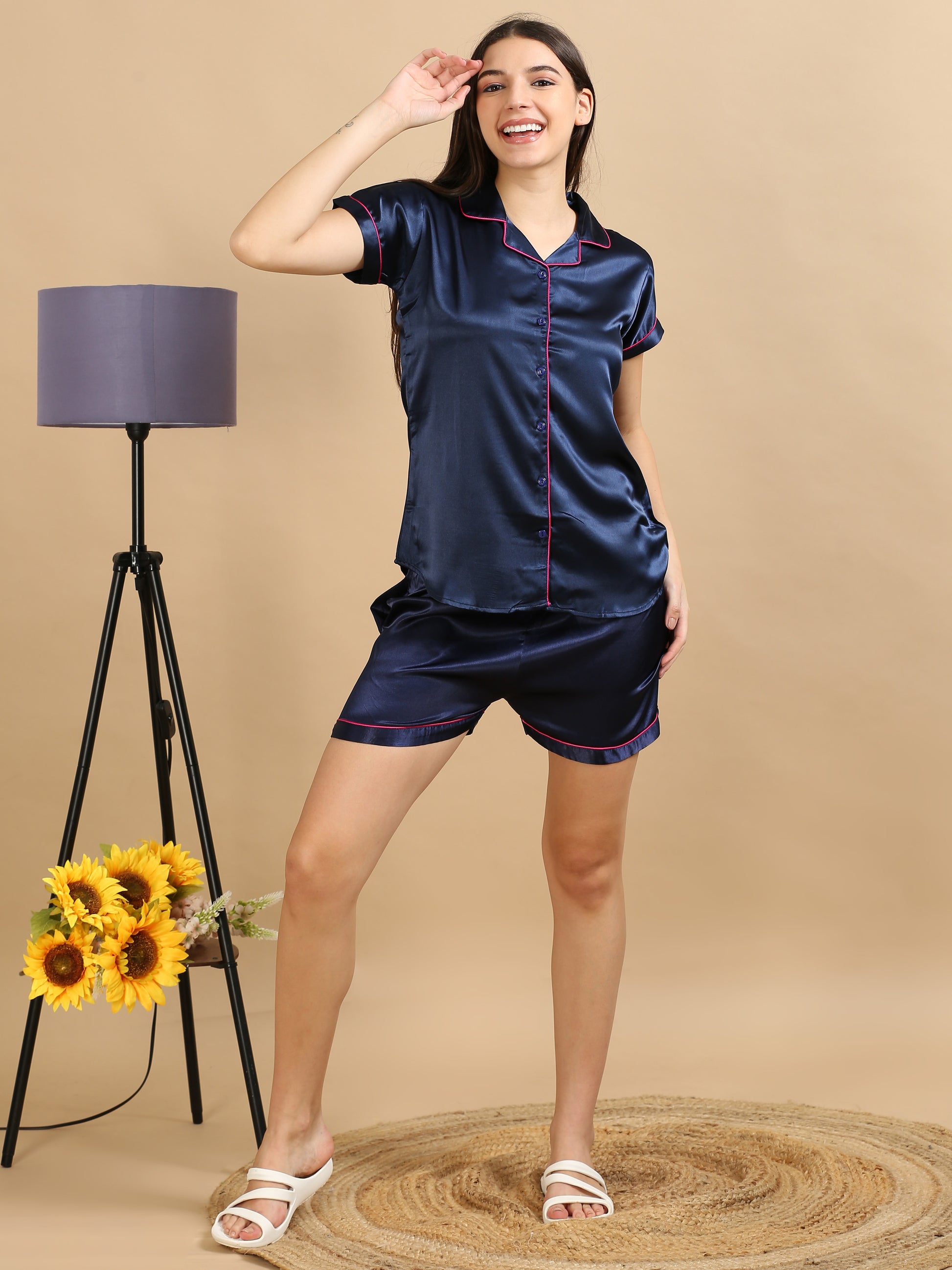 Satin Navy Short Pyjama Set For Women 