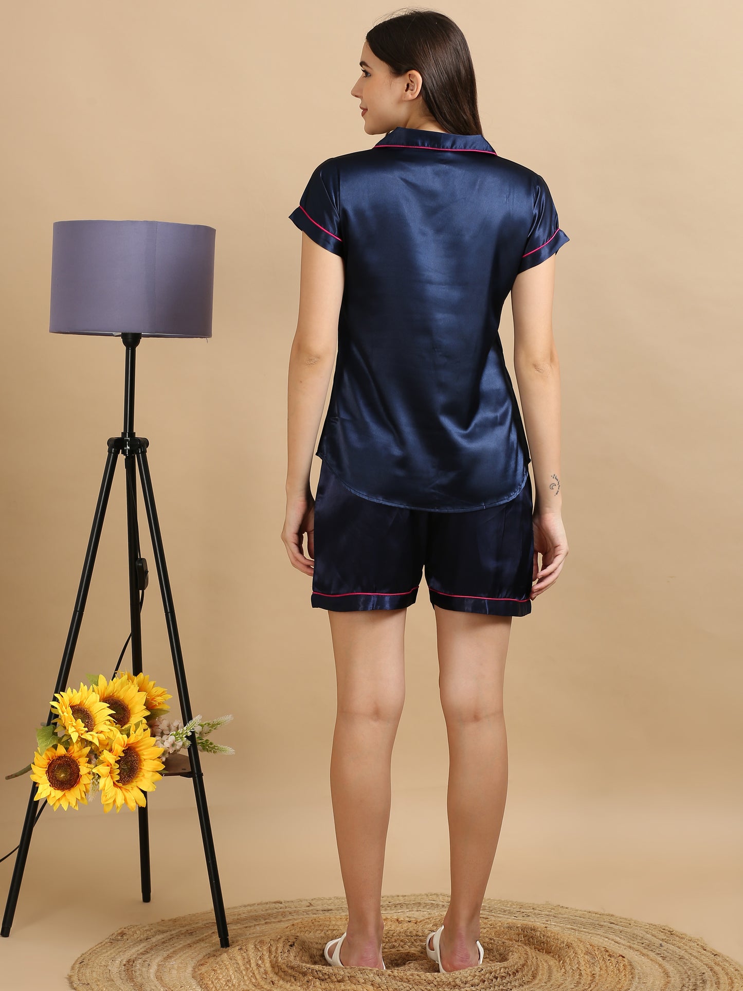 Satin Navy Short Pyjama Set For Women 