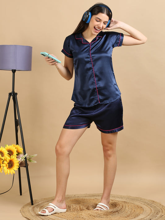 Satin Navy Short Pyjama Set For Women 