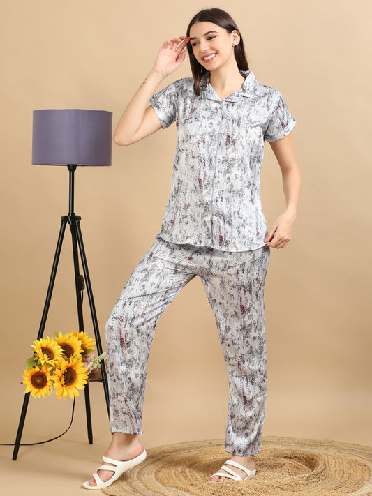  Printed Grey Satin Night Suit For Women 