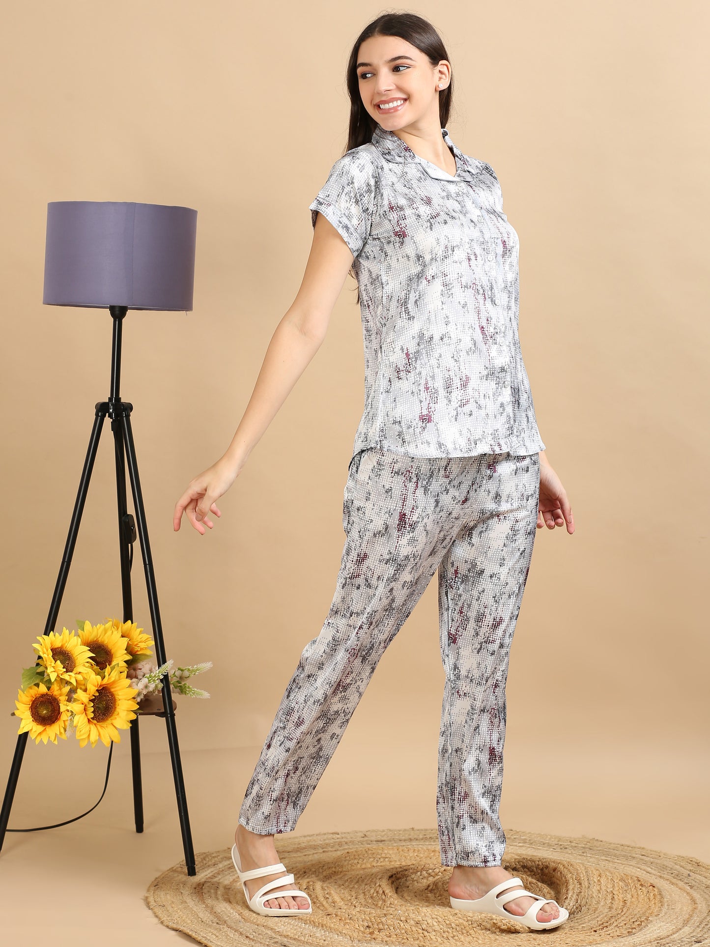  Printed Grey Satin Night Suit For Women 