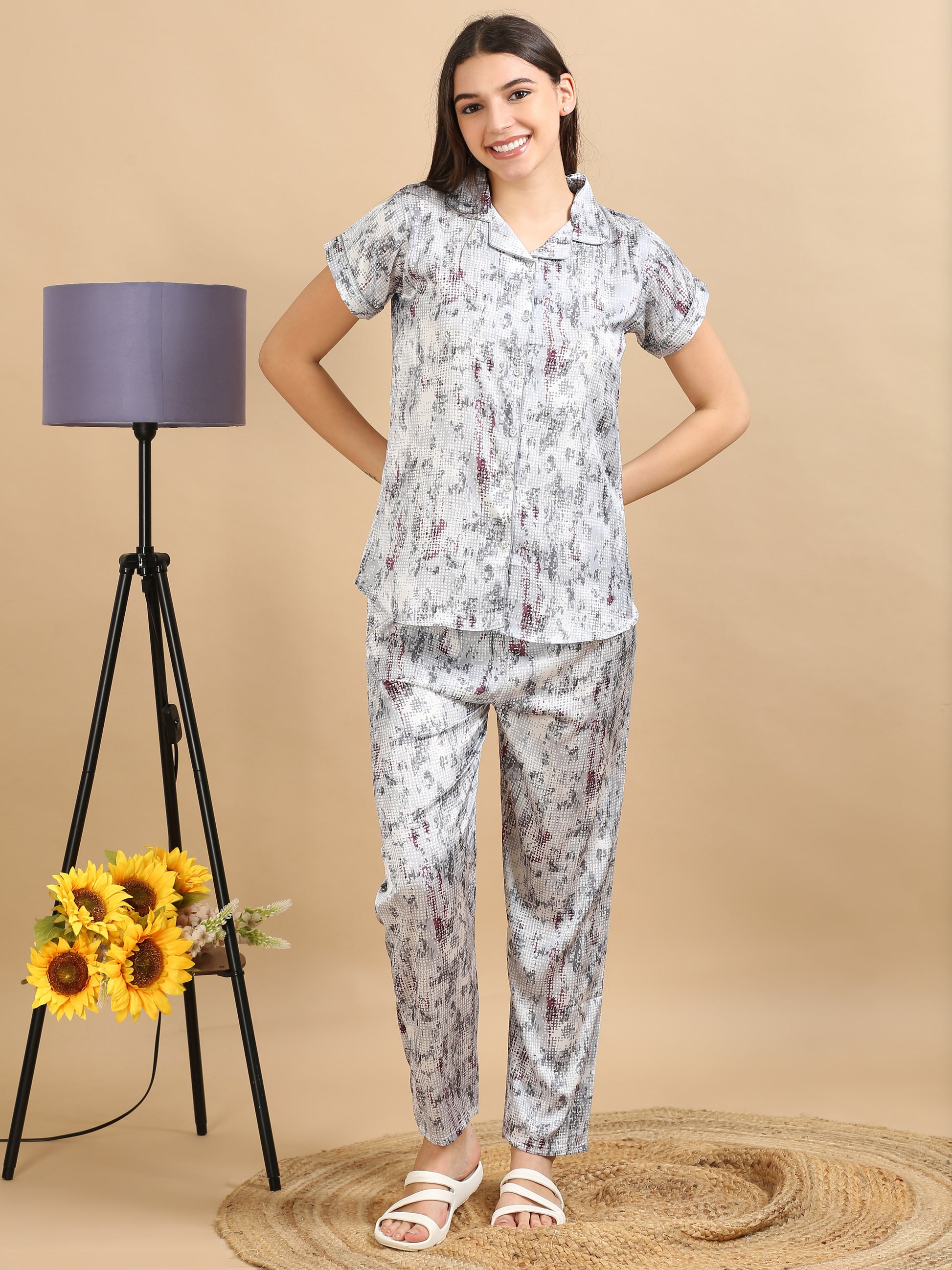  Printed Grey Satin Night Suit For Women 