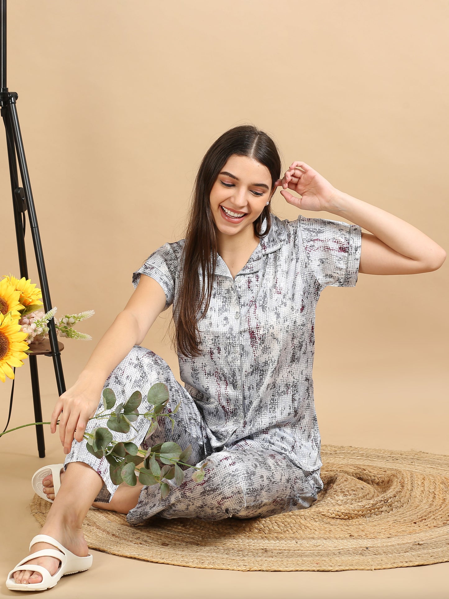 Satin Top with Pyjama Printed Nightsuit - Grey