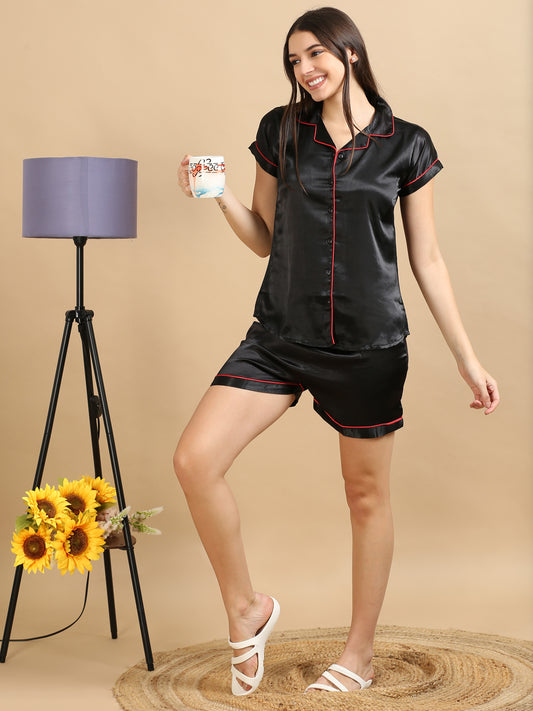 Satin Short Black PJs Women