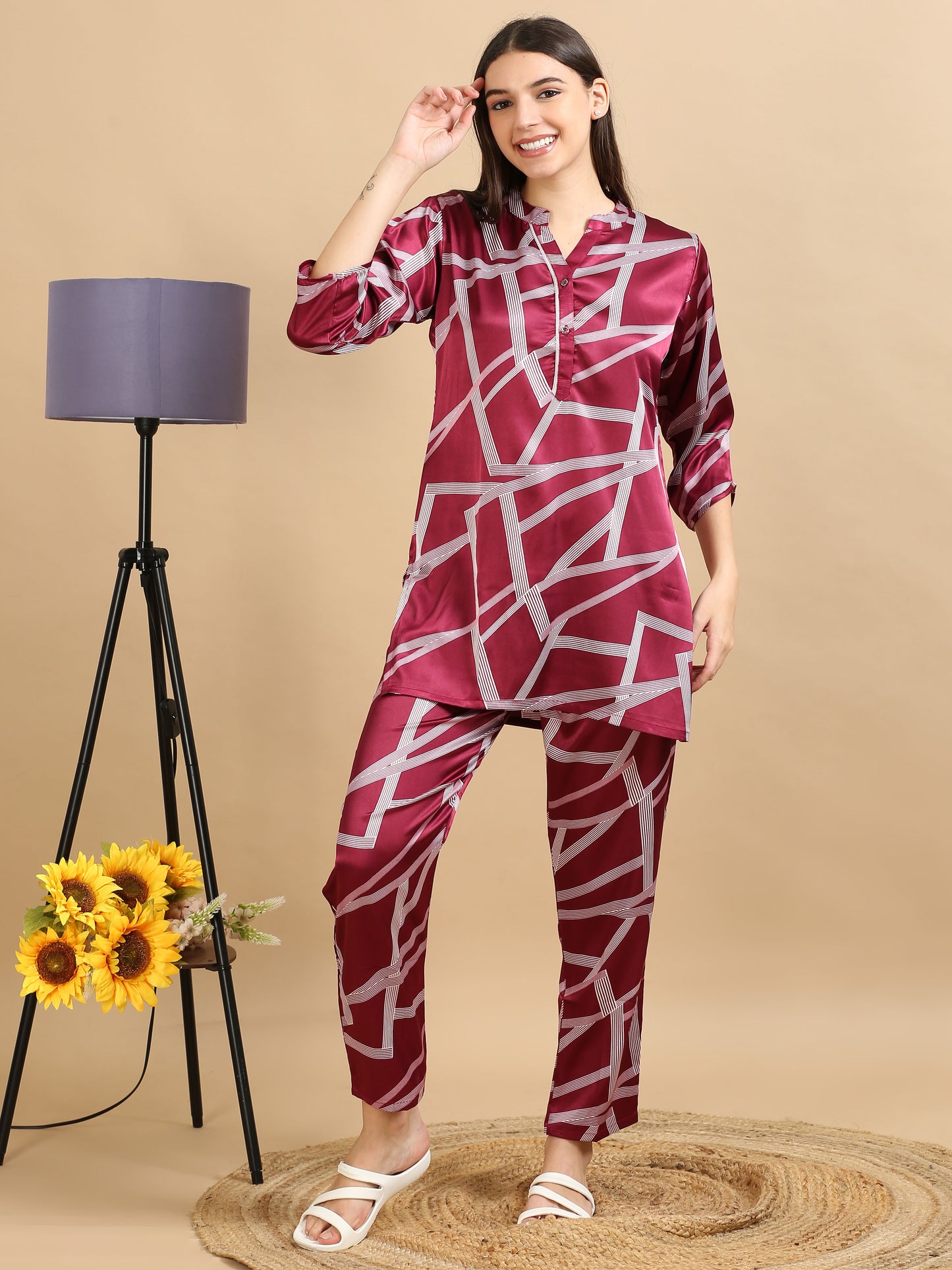  Satin Maroon Printed Co Ords Women