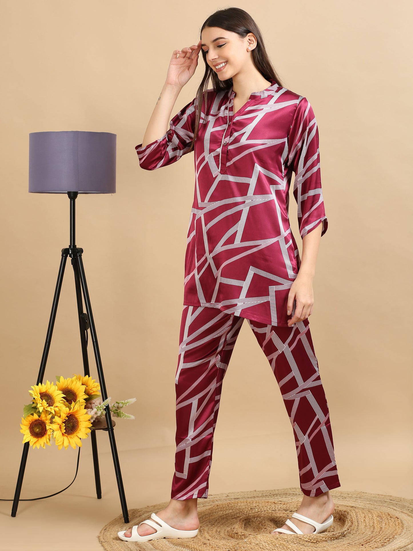  Satin Maroon Printed Co Ords Women