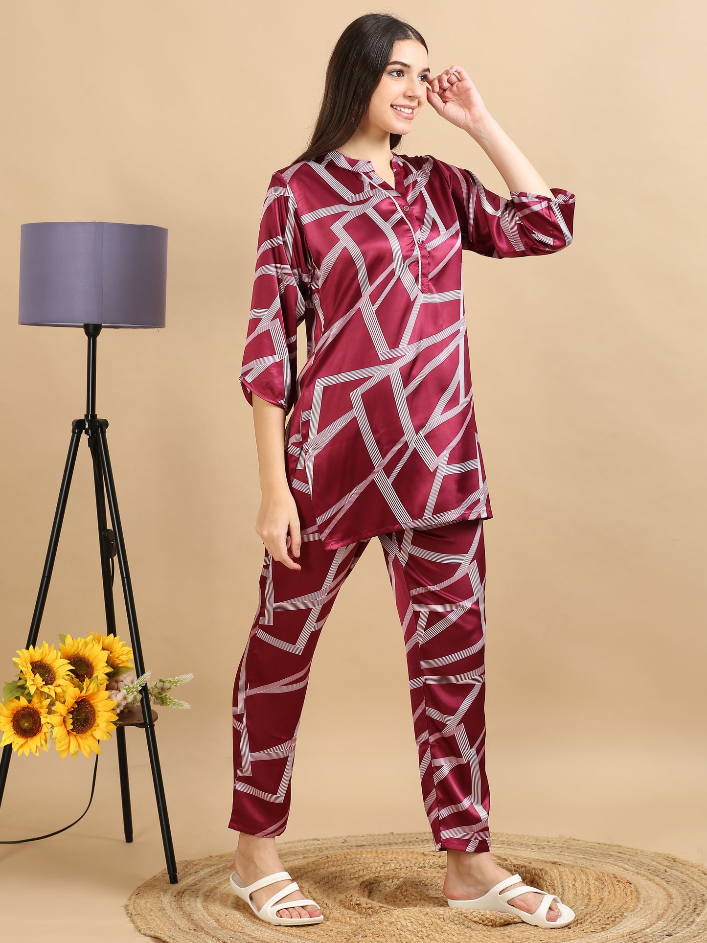  Satin Maroon Printed Co Ords Women