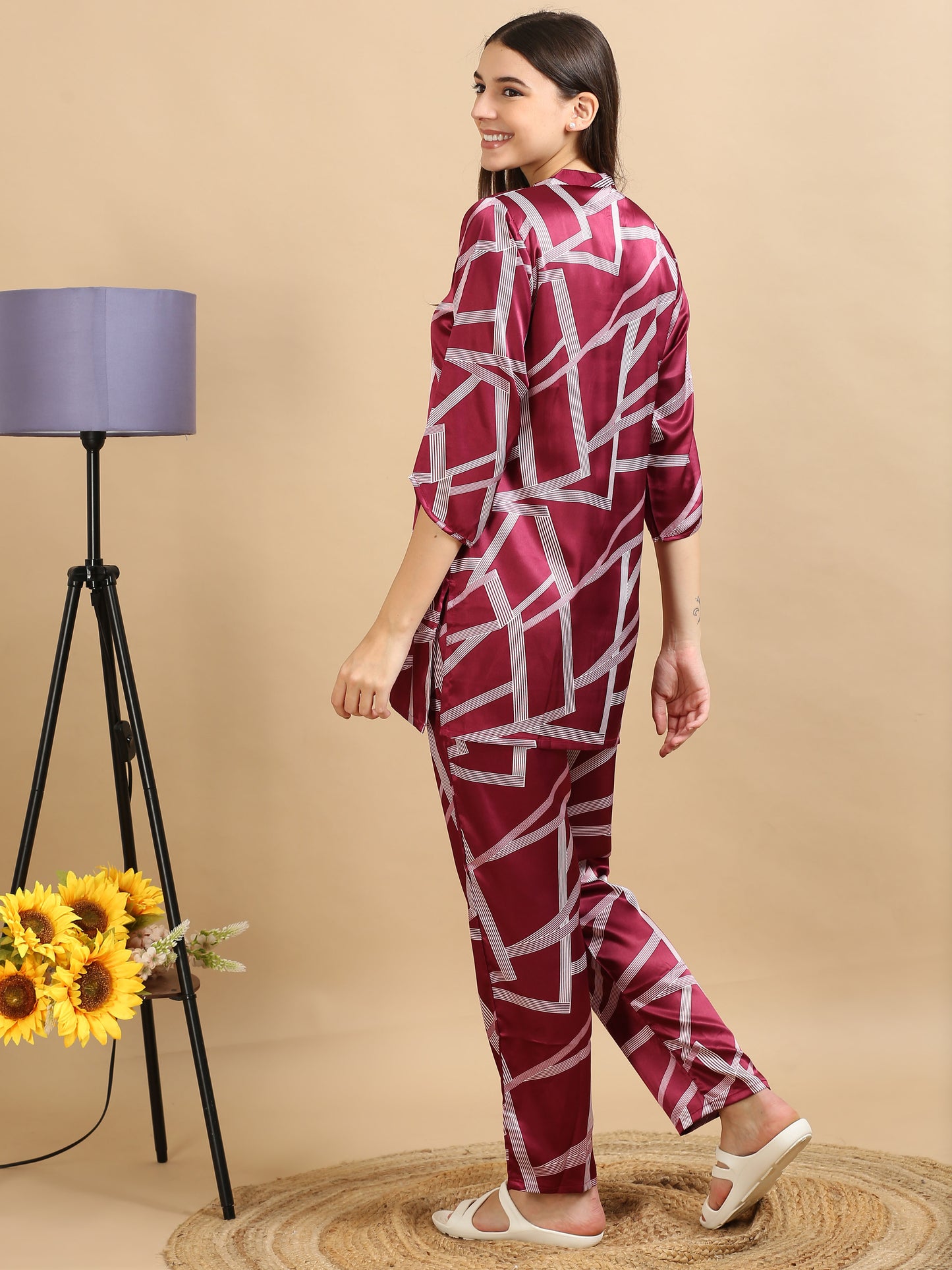  Satin Maroon Printed Co Ords Women