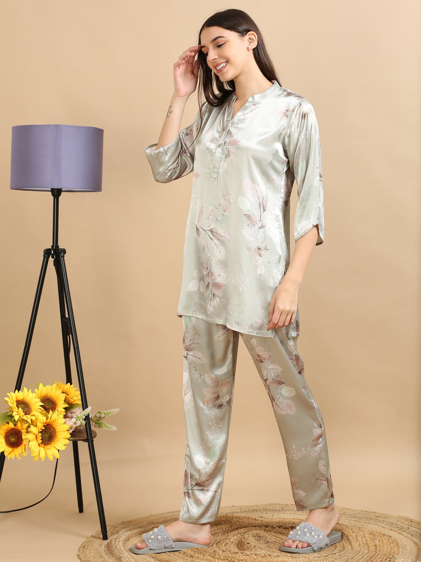  Printed Pistachio Satin Co Ords for Women 