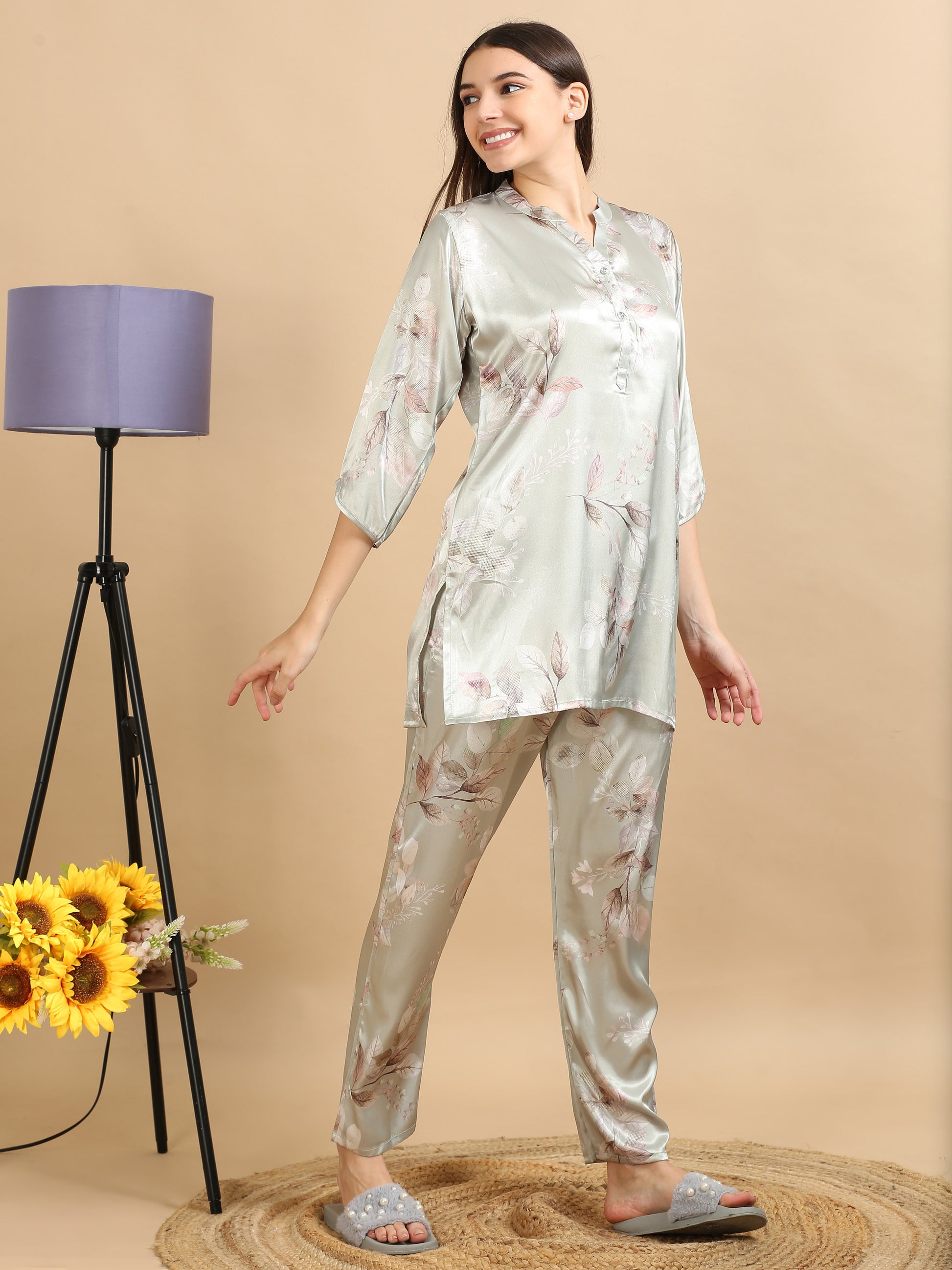  Printed Pistachio Satin Co Ords for Women 