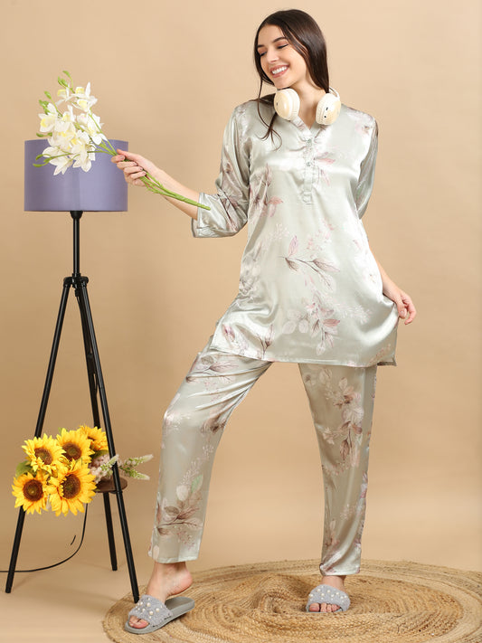  Printed Pistachio Satin Co Ords for Women 